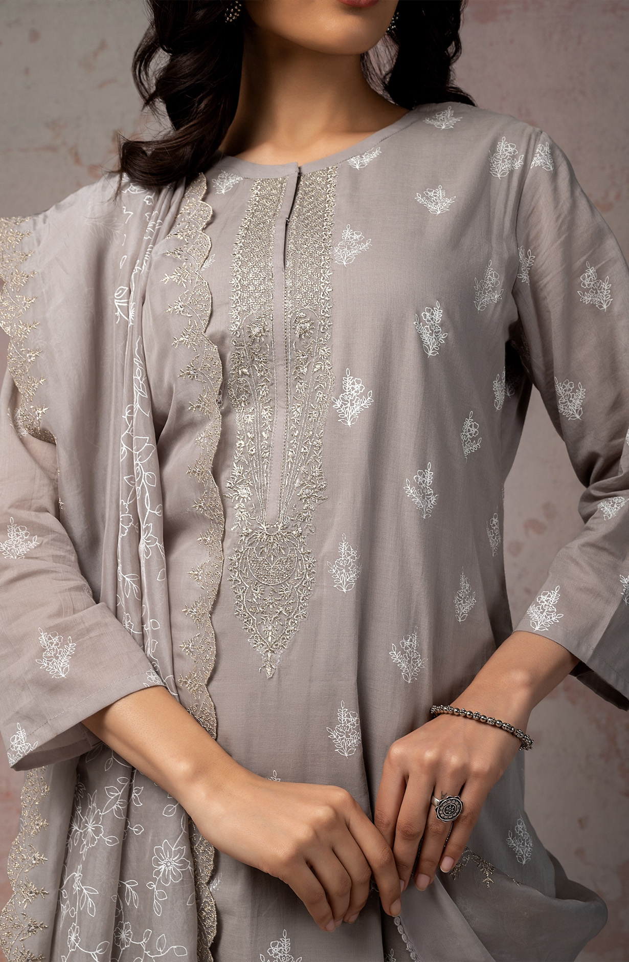 Grey Cotton Beautiful Zari Embroidered Salwar Kameez with Organza Dupatta - MIT1895