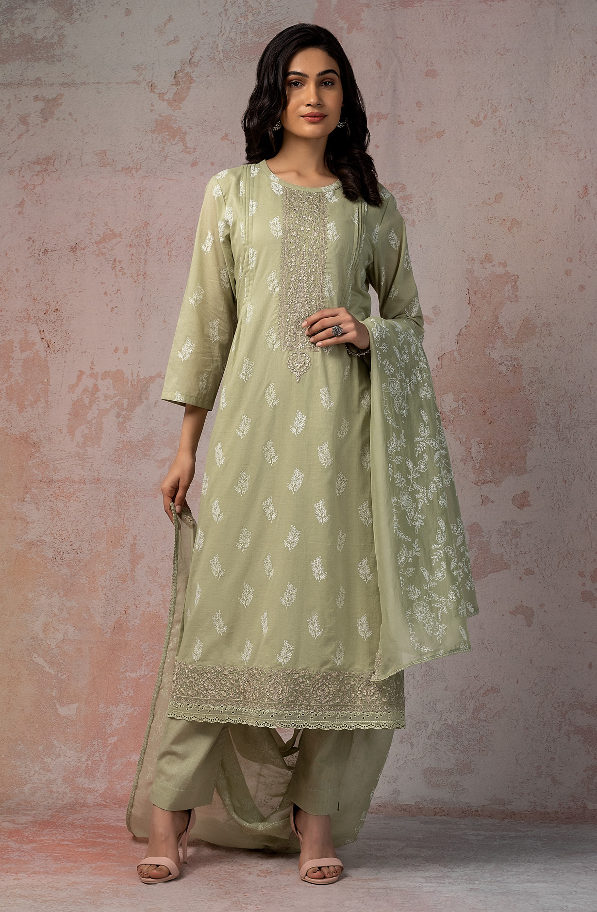 Mehndi Green Cotton Beautiful Zari Embroidered Salwar Kameez with Organza Dupatta - MIT1896