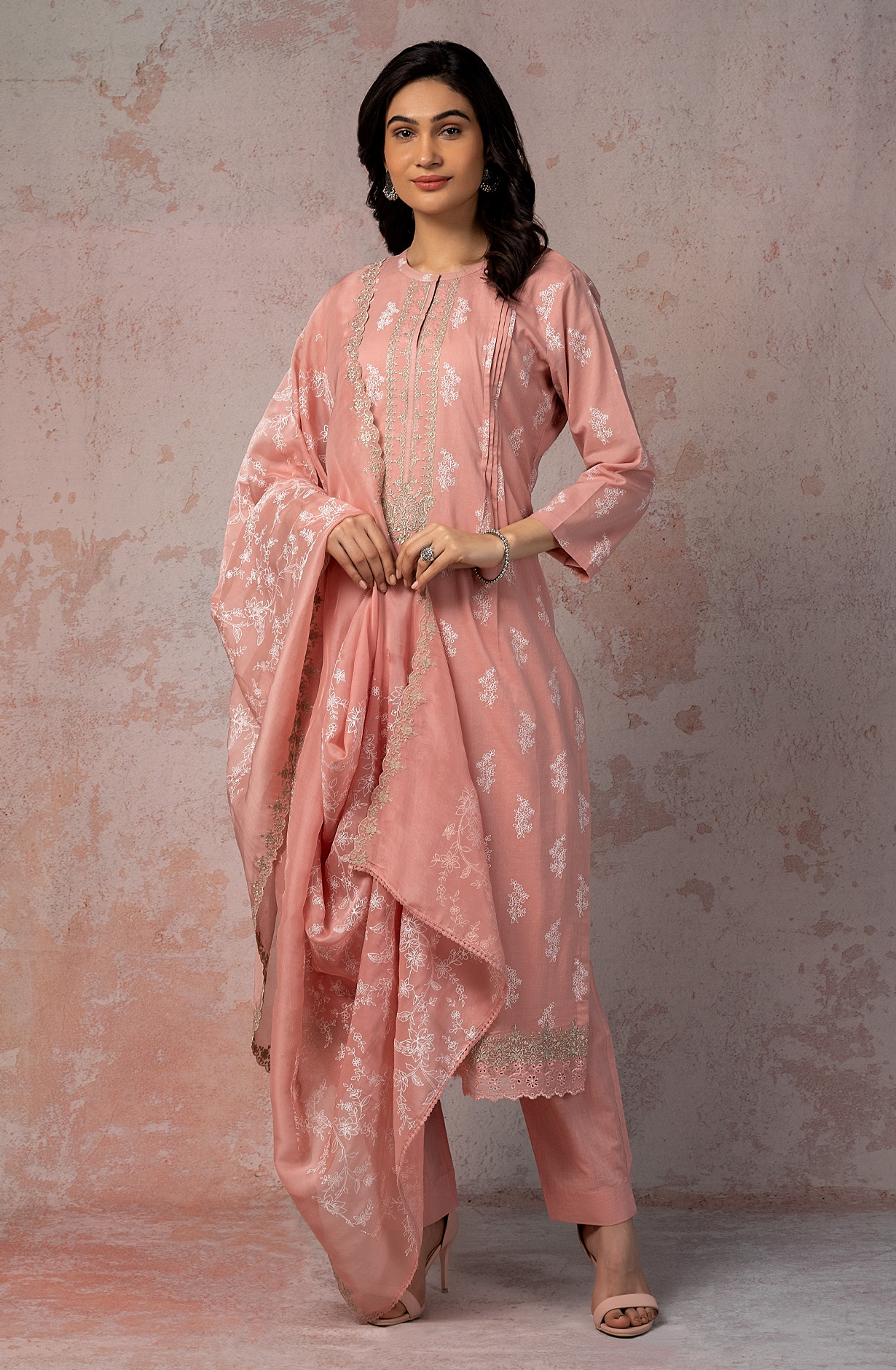 Peach Cotton Beautiful Zari Embroidered Salwar Kameez with Organza Dupatta - MIT1897