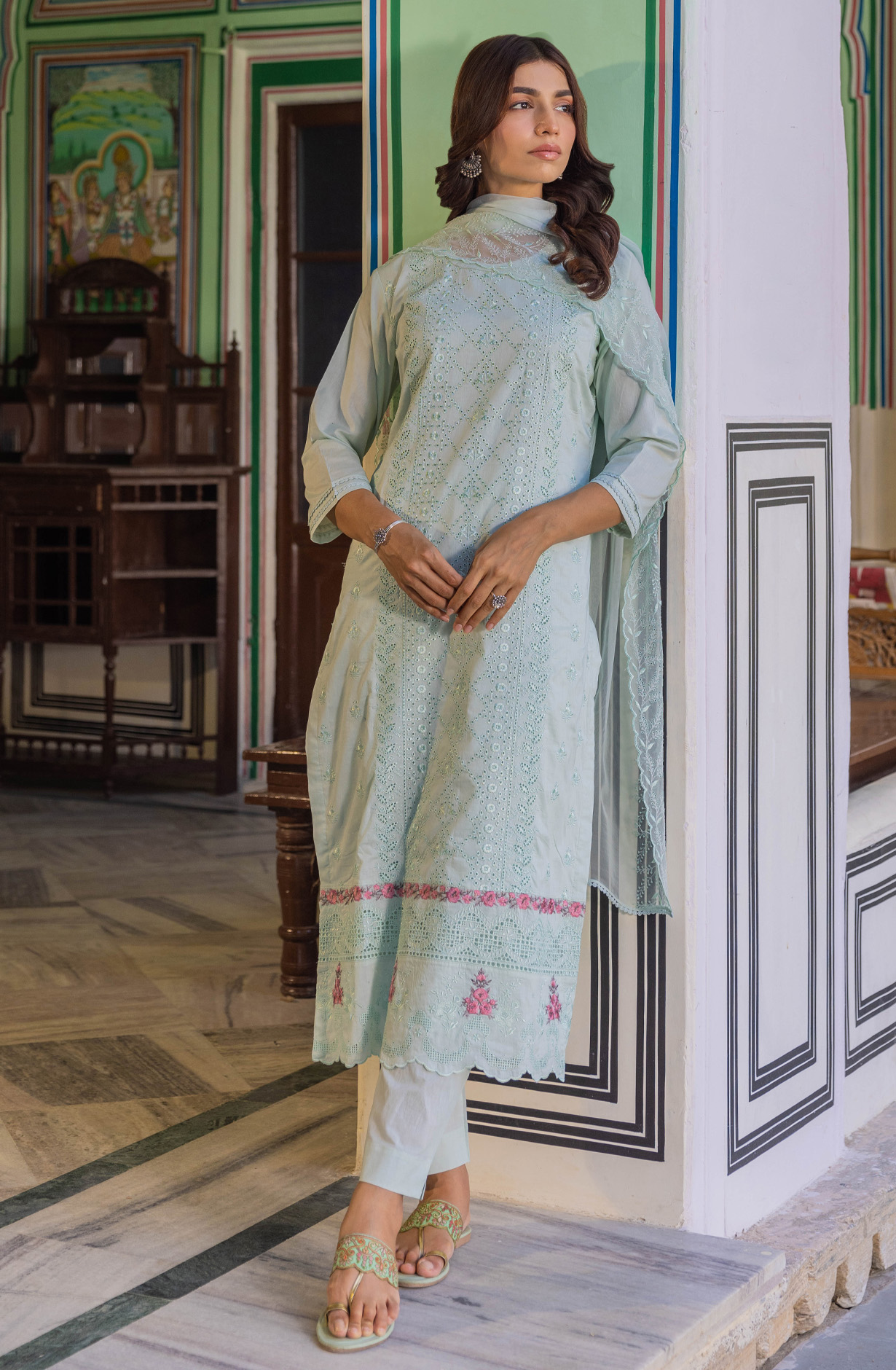 Sea Green Cotton Unstitched Embroidered Salwar Kameez - MIT1918