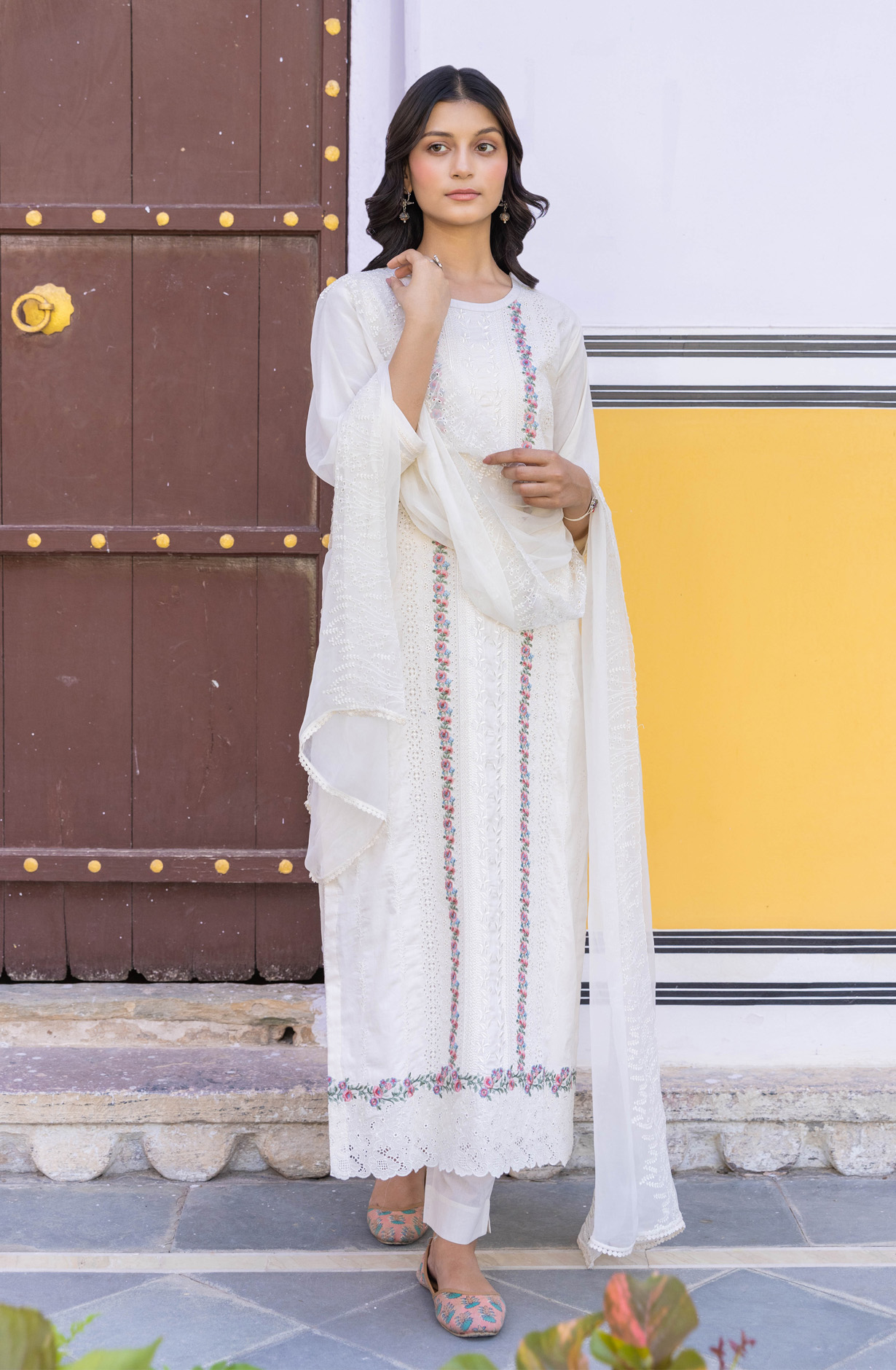 Cream Cotton Unstitched Embroidered Salwar Kameez - MIT1919