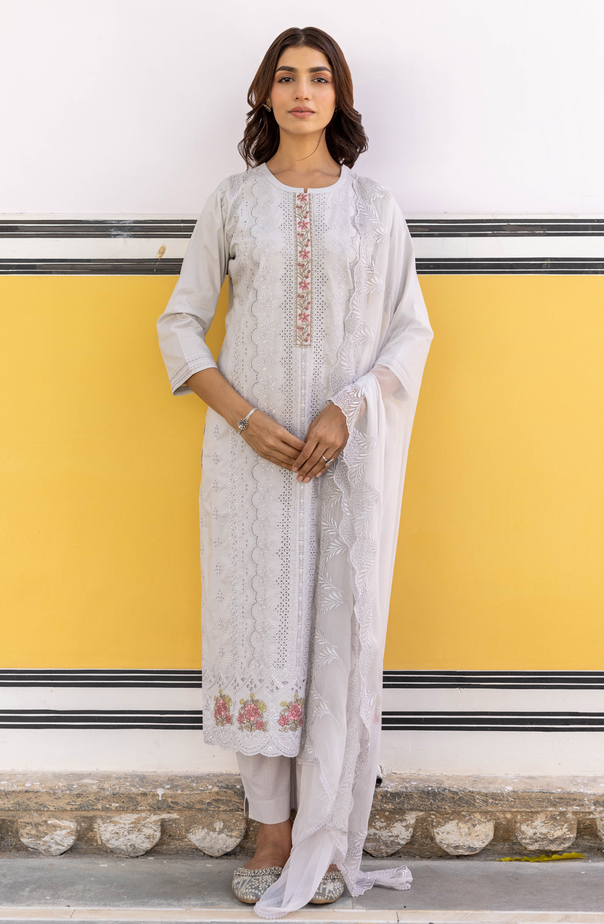 Grey Cotton Unstitched Embroidered Salwar Kameez - MIT1920