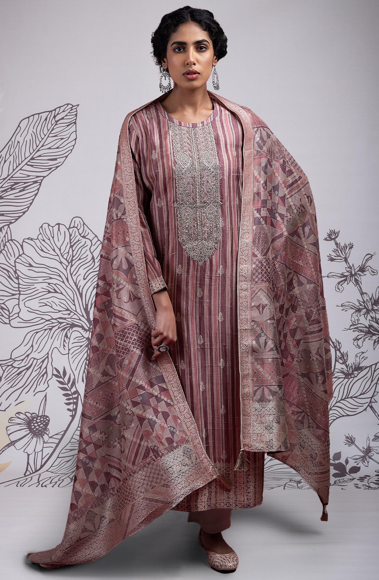 Digital Printed Silk Jacquard Suit with Embroidery and Handwork - MIT2385A
