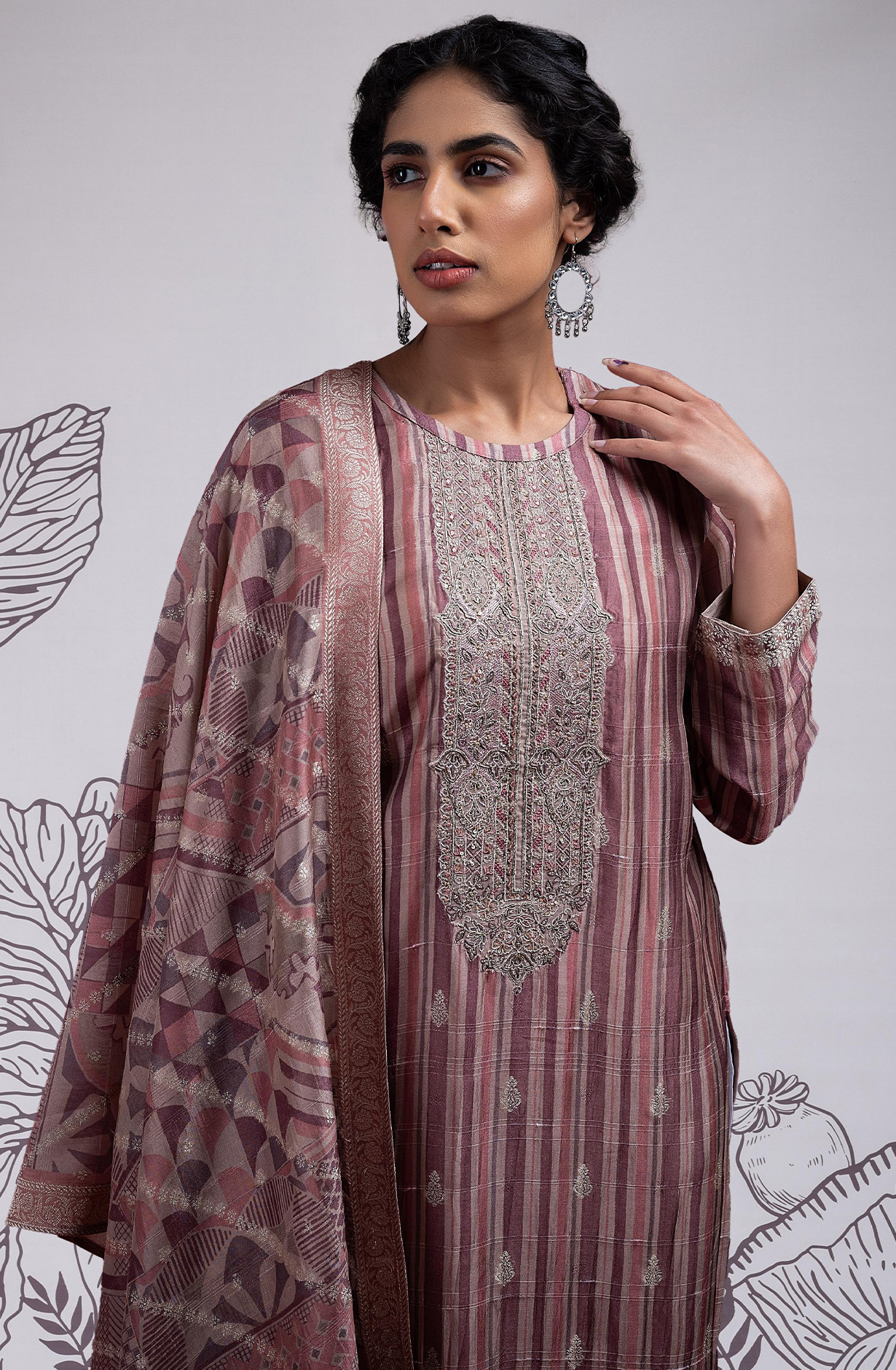 Digital Printed Silk Jacquard Suit with Embroidery and Handwork - MIT2385A