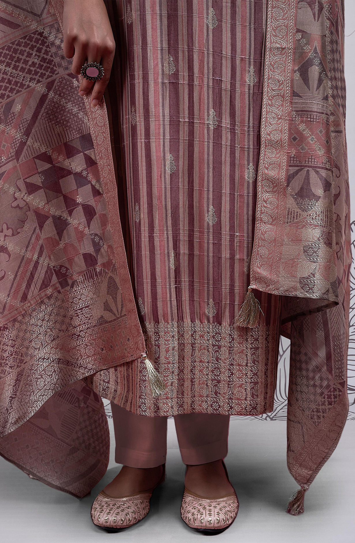 Digital Printed Silk Jacquard Suit with Embroidery and Handwork - MIT2385A