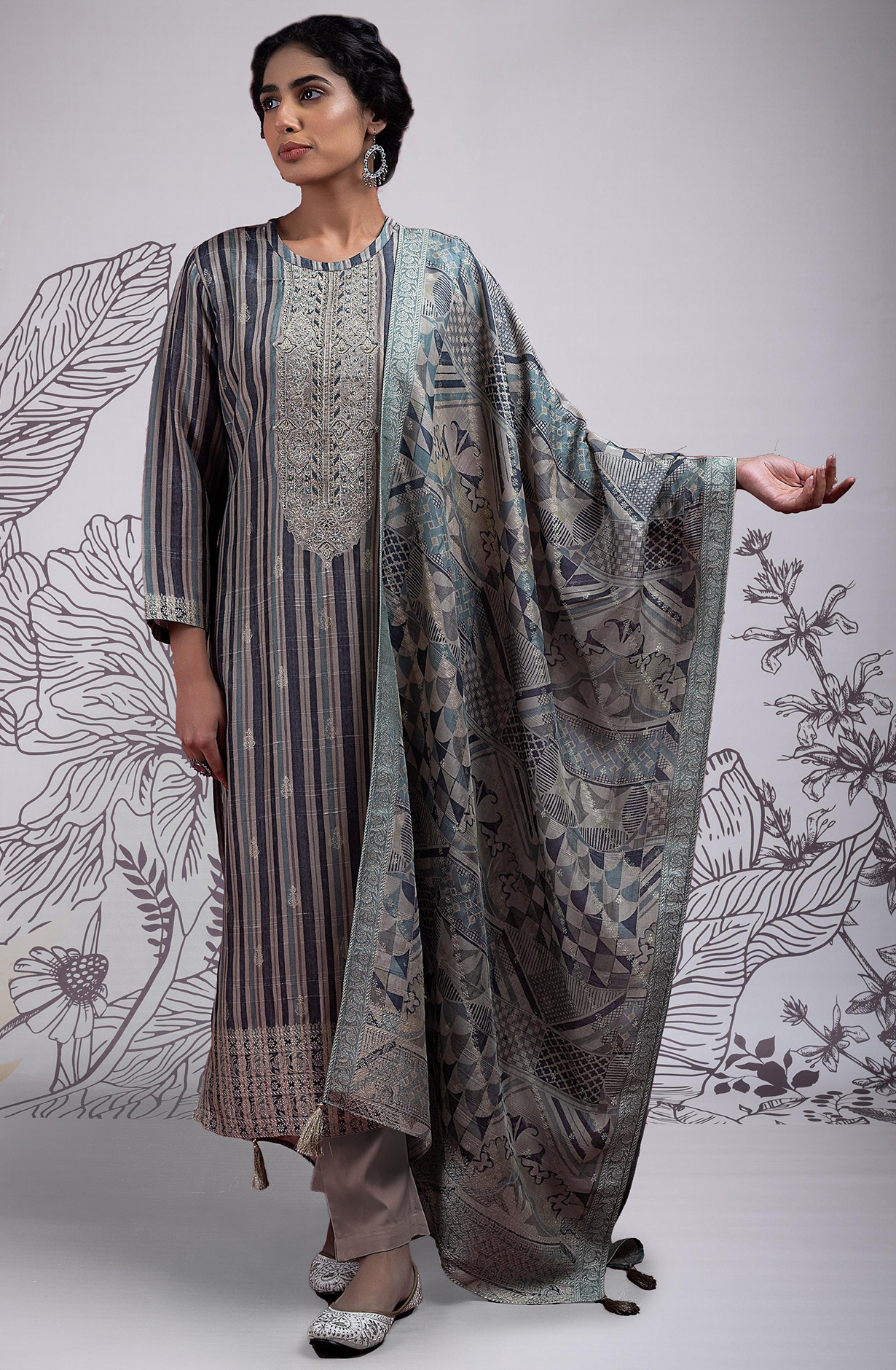 Digital Printed Silk Jacquard Suit with Embroidery and Handwork - MIT2385B