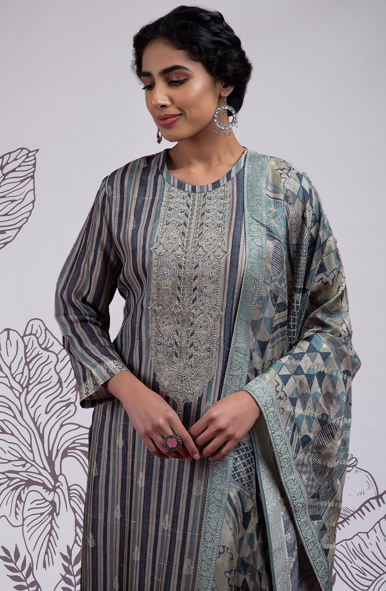 Digital Printed Silk Jacquard Suit with Embroidery and Handwork - MIT2385B