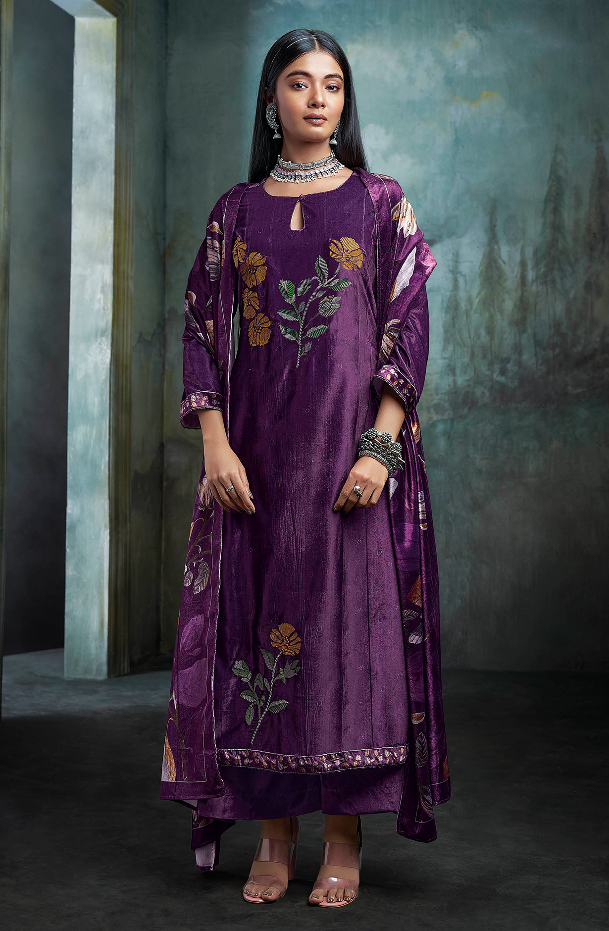 Purple Luxe Velvet Beautiful Embroidered Salwar Suit - MIWC1677