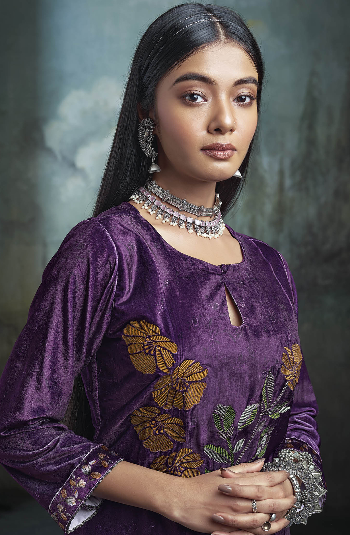Purple Luxe Velvet Beautiful Embroidered Salwar Suit - MIWC1677