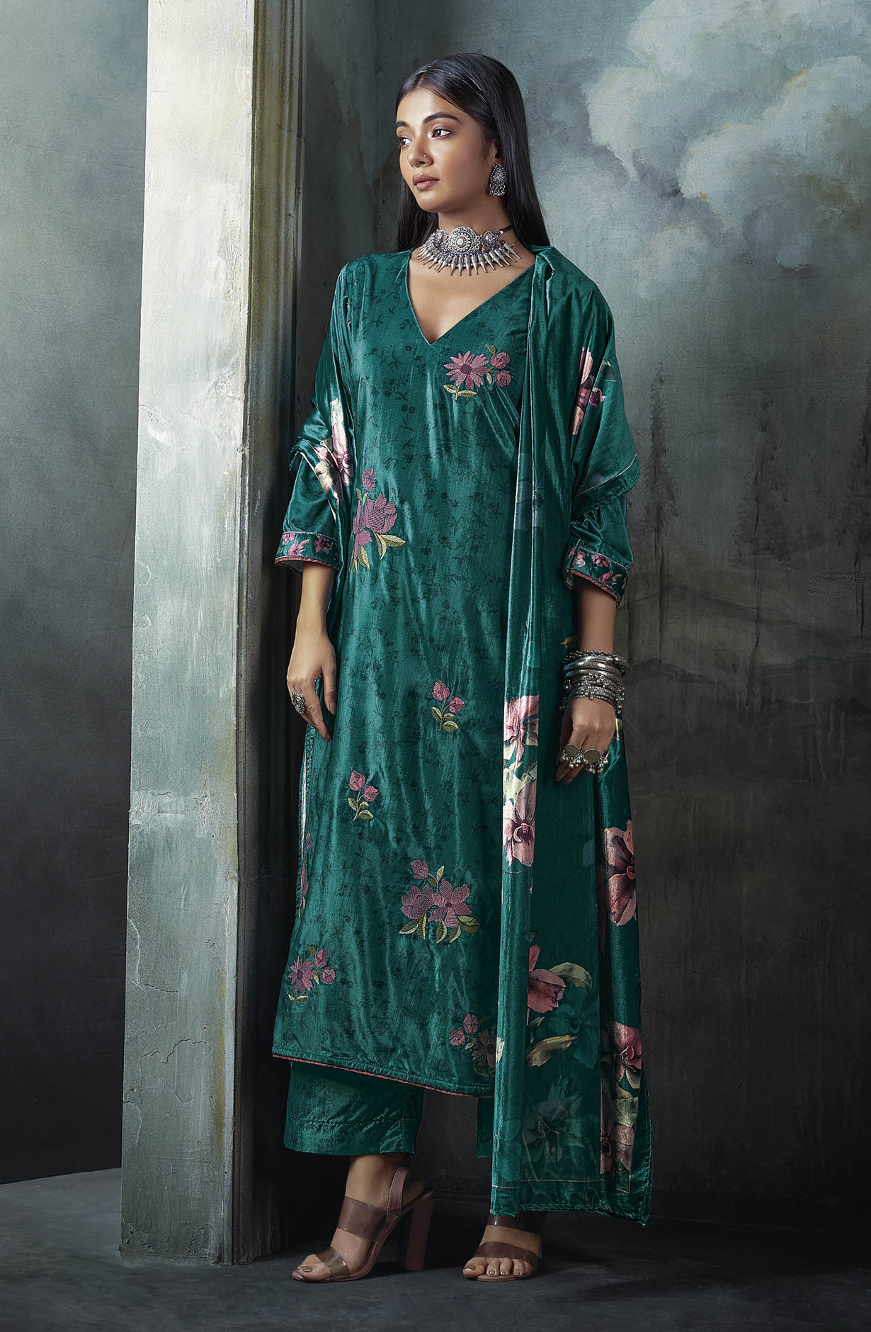 Firozi Luxe Velvet Beautiful Embroidered Salwar Suit - MIWC1679