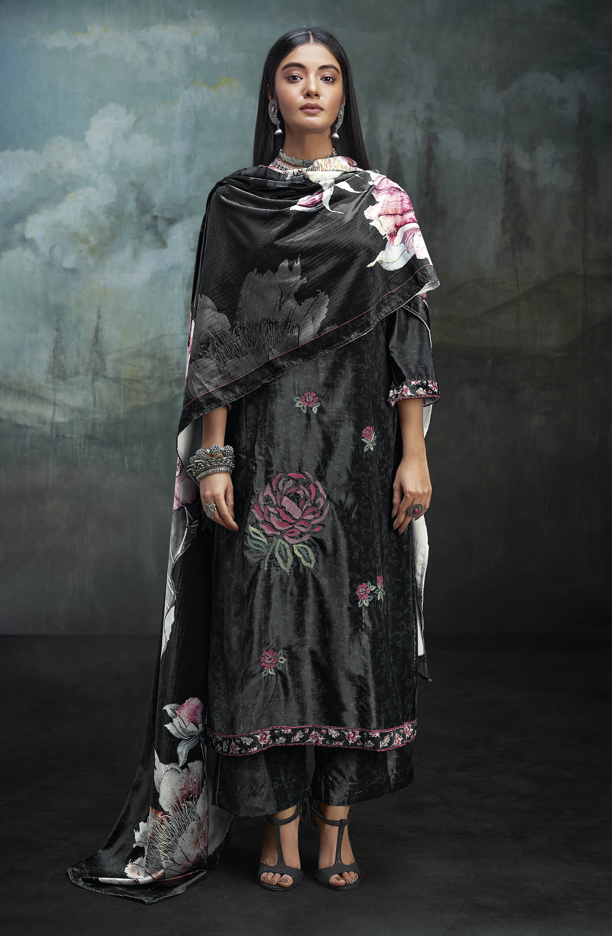 Black Luxe Velvet Beautiful Embroidered Salwar Suit - MIWC1680