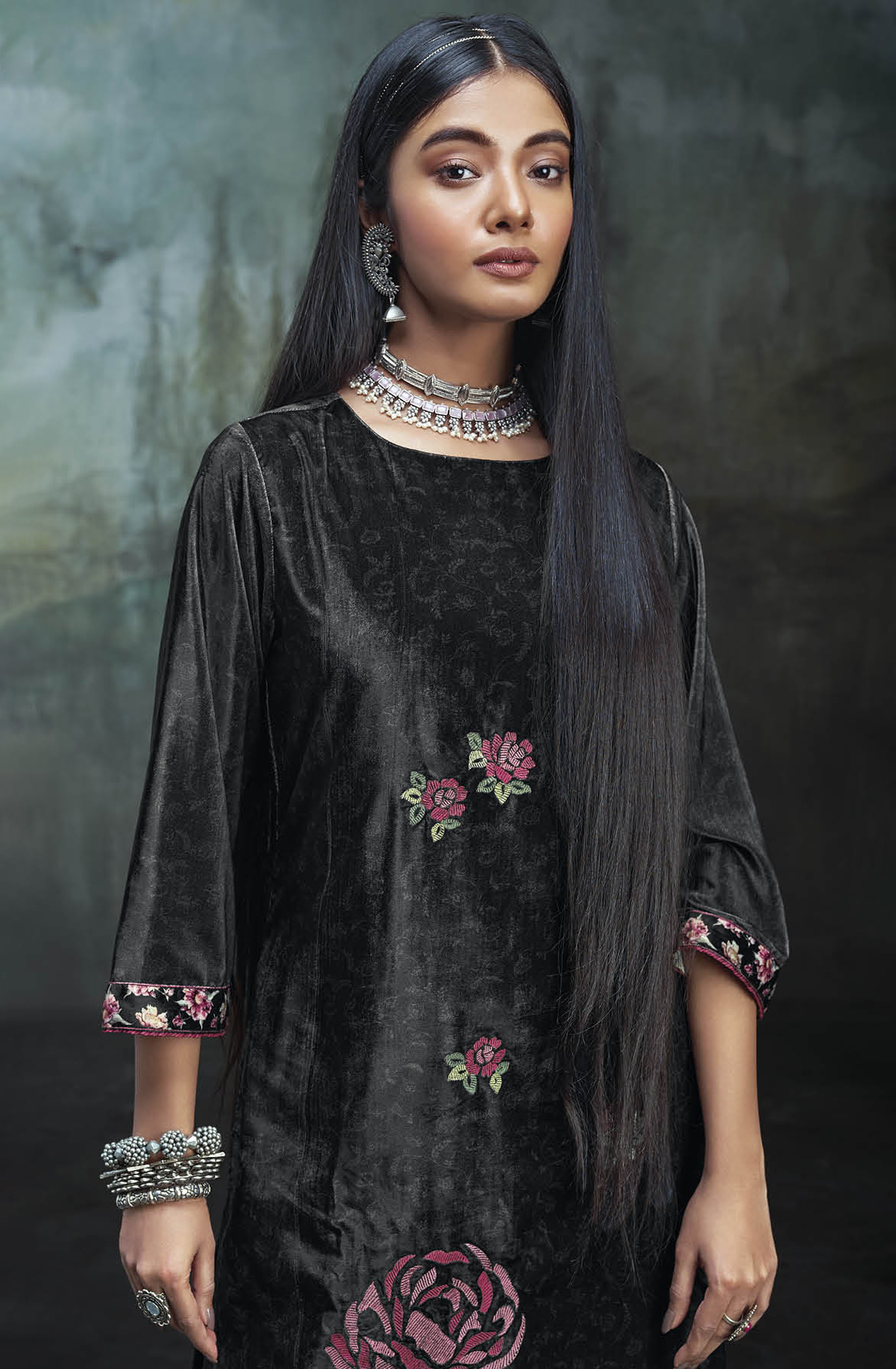 Black Luxe Velvet Beautiful Embroidered Salwar Suit - MIWC1680
