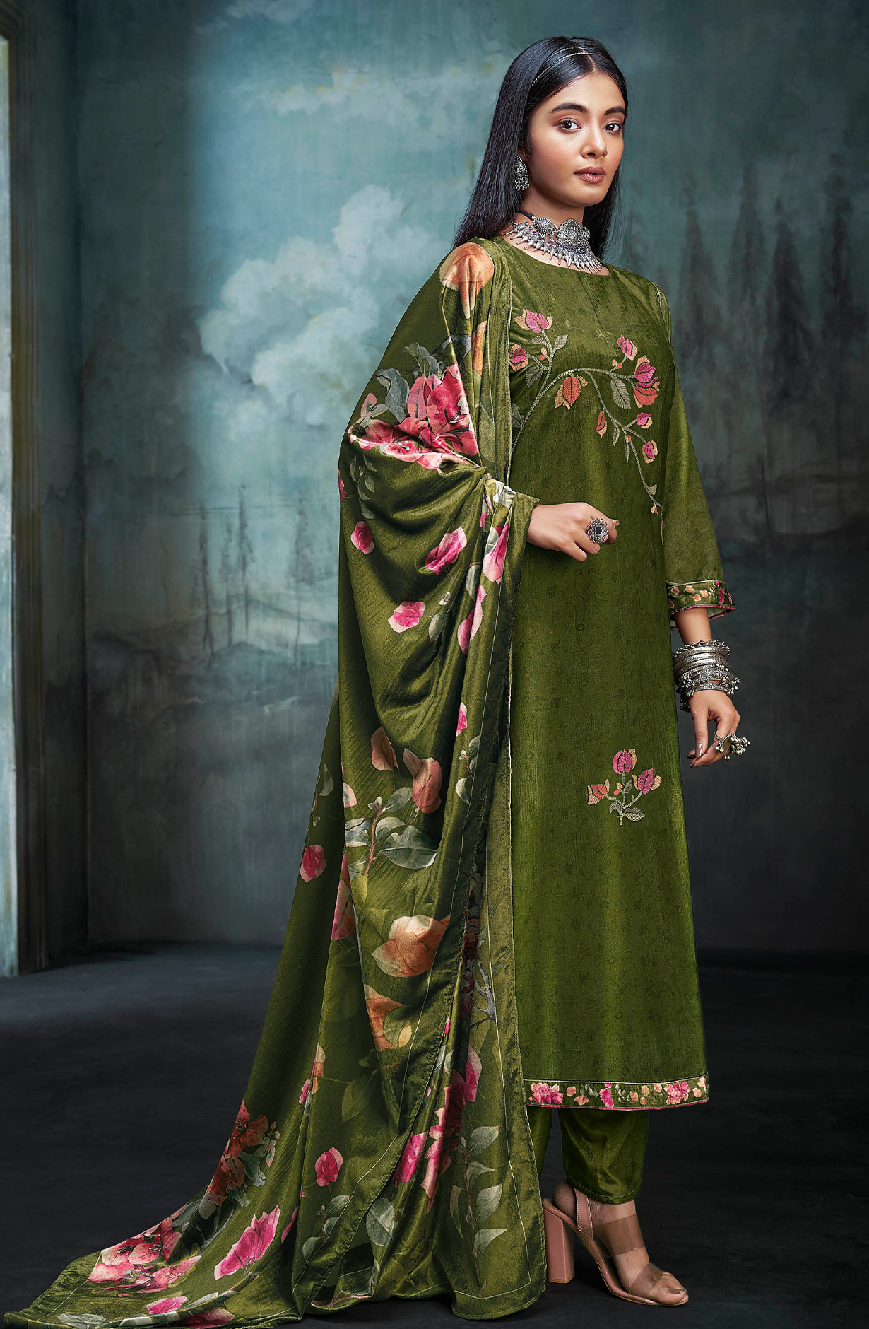 Leaf Green Luxe Velvet Beautiful Embroidered Salwar Suit - MIWC1681