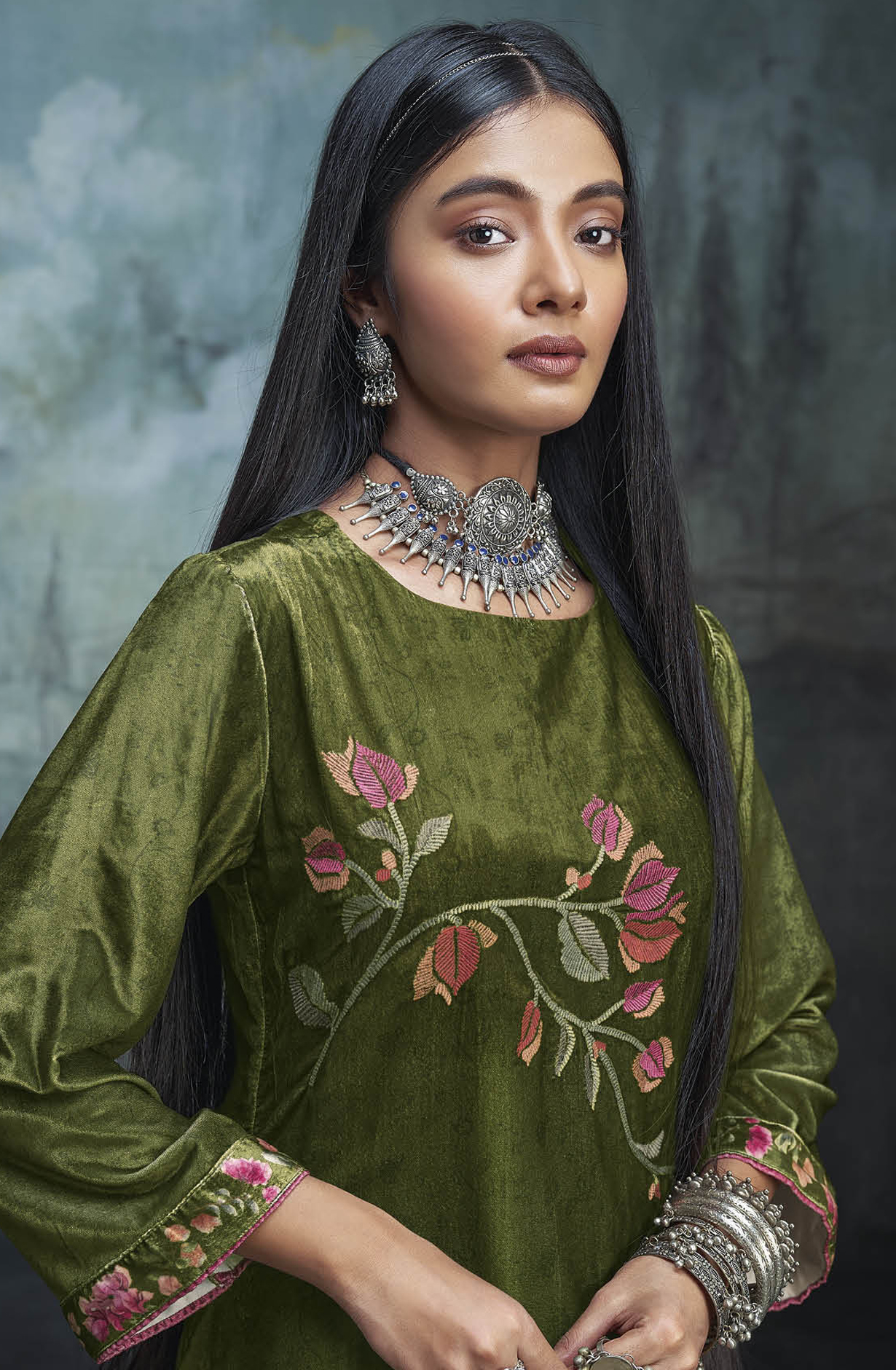 Leaf Green Luxe Velvet Beautiful Embroidered Salwar Suit - MIWC1681