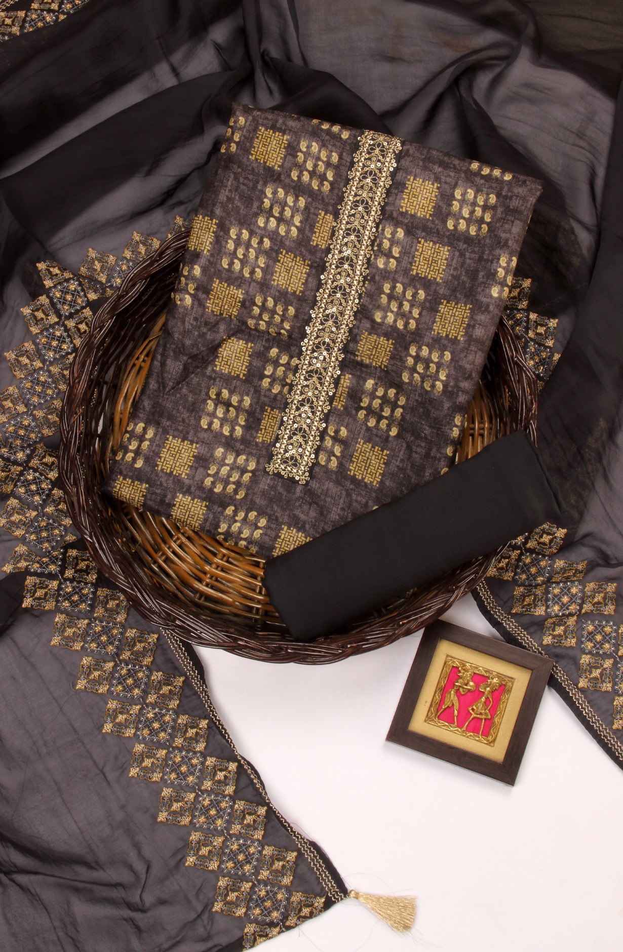 Black Russian Silk Digital Printed Salwar Kameez with Organza Dupatta - MIX1201