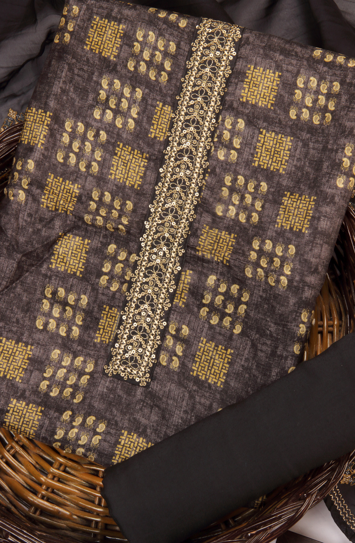 Black Russian Silk Digital Printed Salwar Kameez with Organza Dupatta - MIX1201