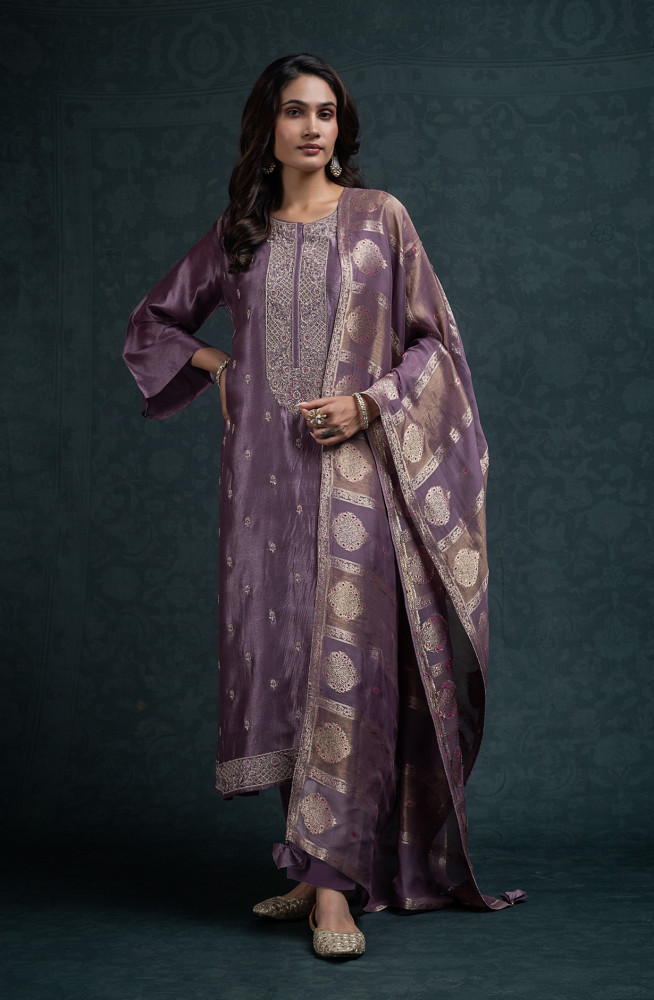 Image of Mauve Fine Silk Unstitched Suit with Beautiful Dupatta- R157-SPR2789