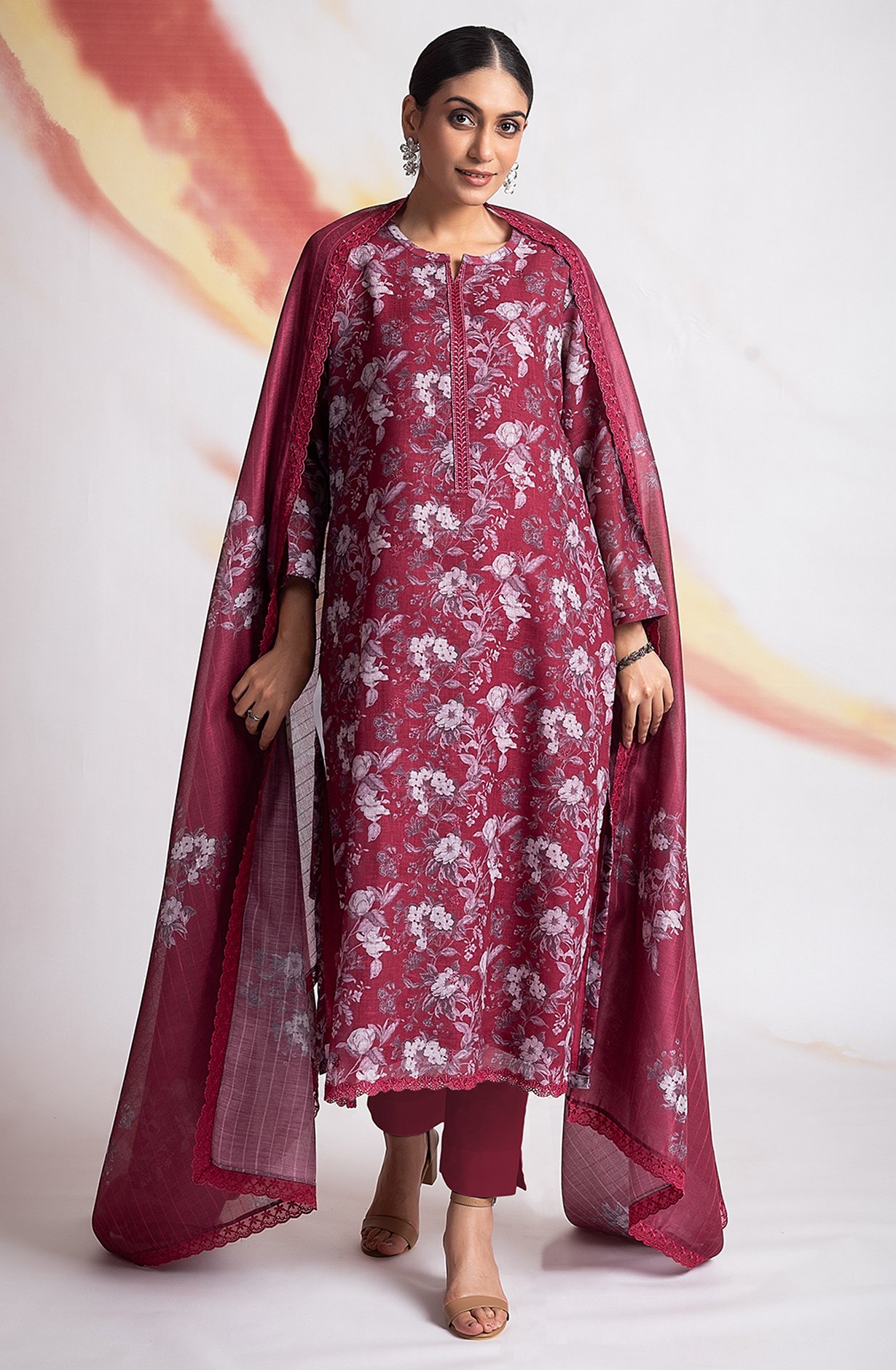 Maroon Linen Unstitched Digital Printed Salwar Kameez - MOG2217