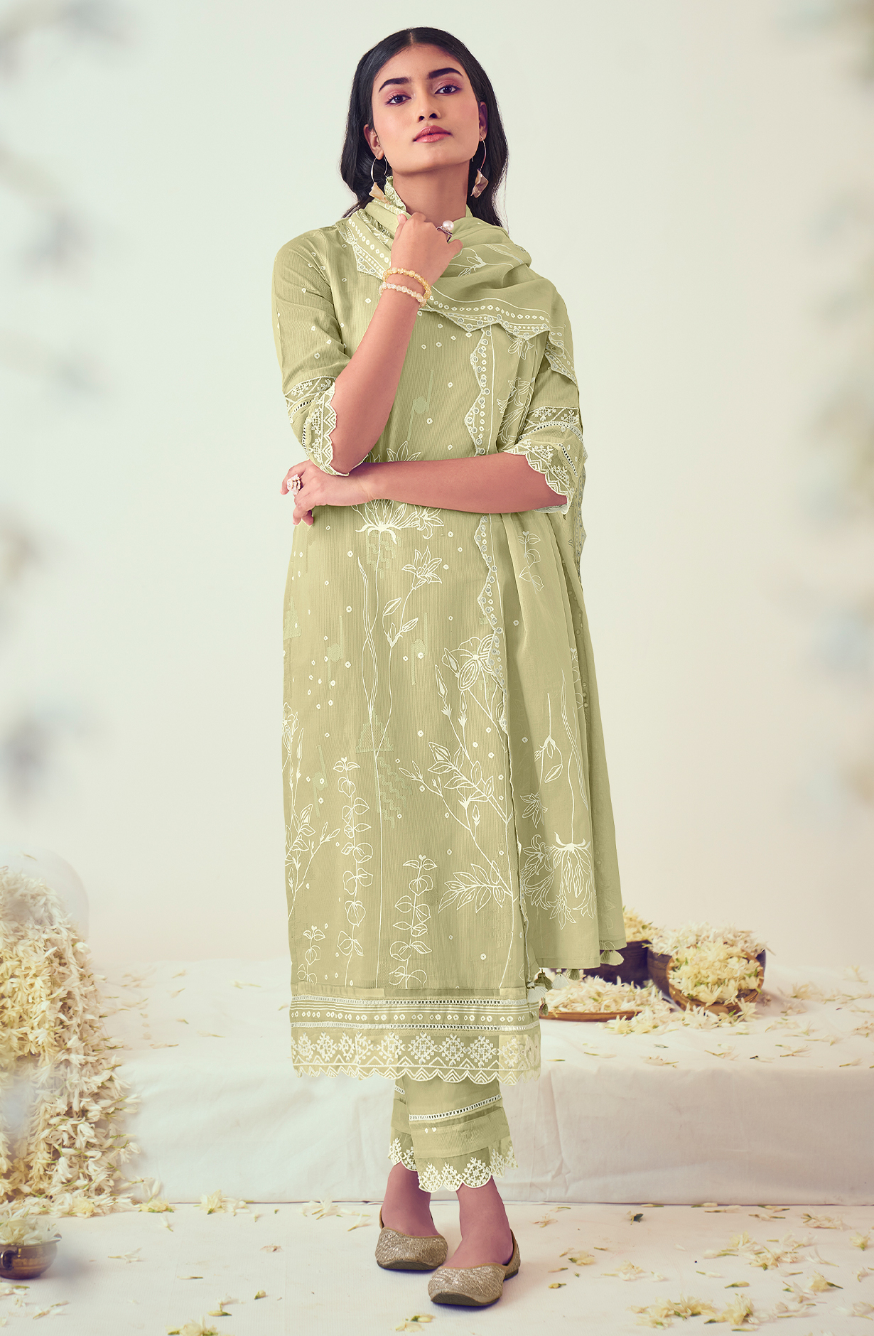 Pista Green Cotton Block Print Salwar Kameez with Embroidery Work - MOG9041