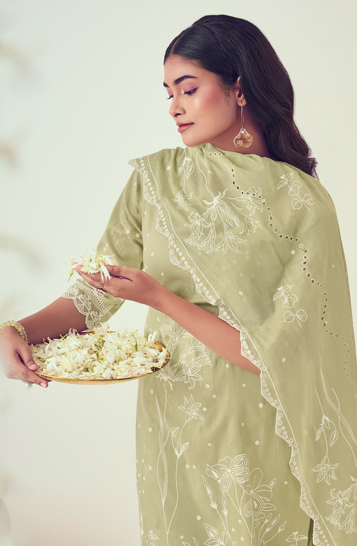 Pista Green Cotton Block Print Salwar Kameez with Embroidery Work - MOG9041