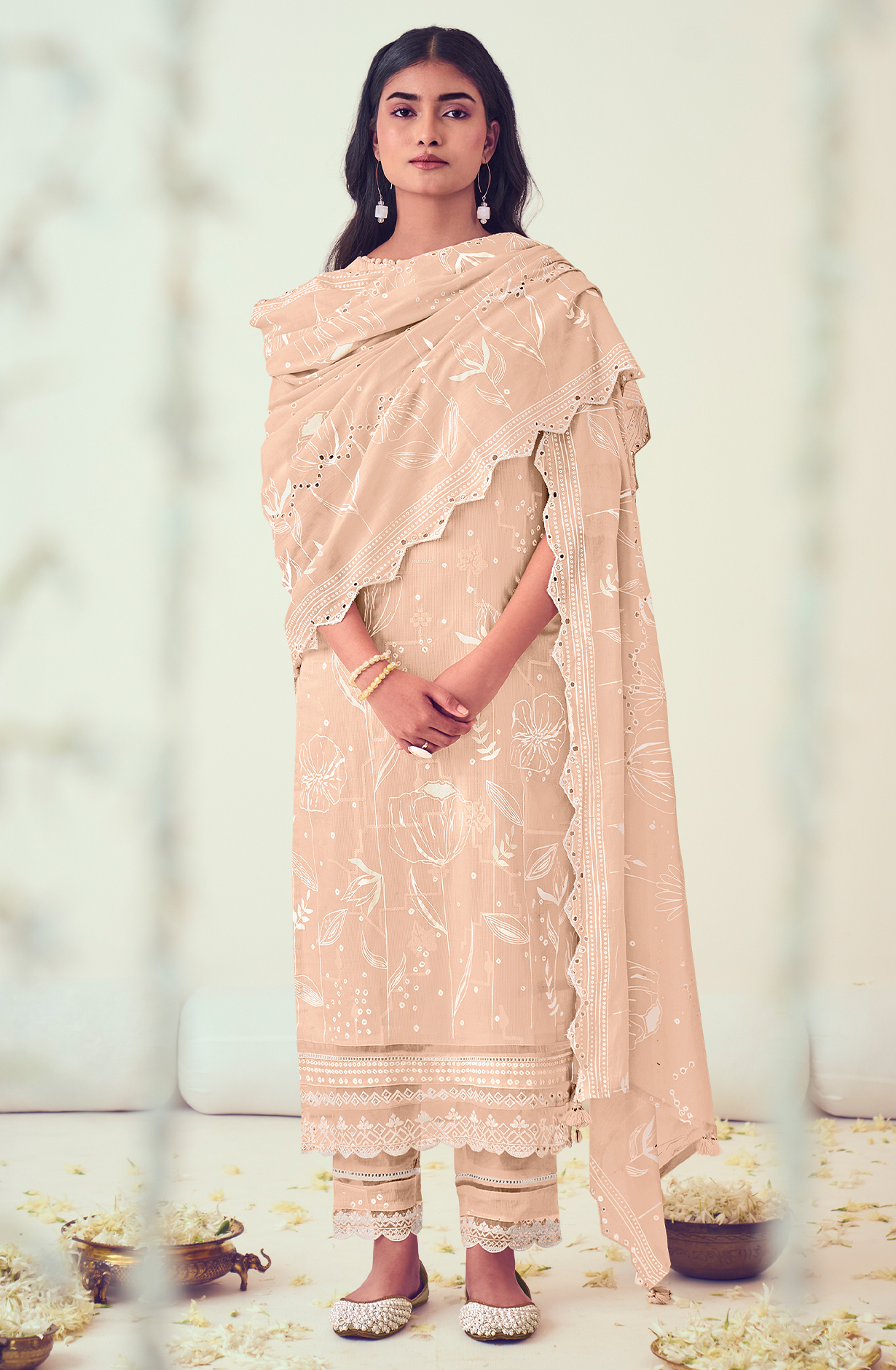 Peach Cotton Block Print Salwar Kameez with Embroidery Work - MOG9042