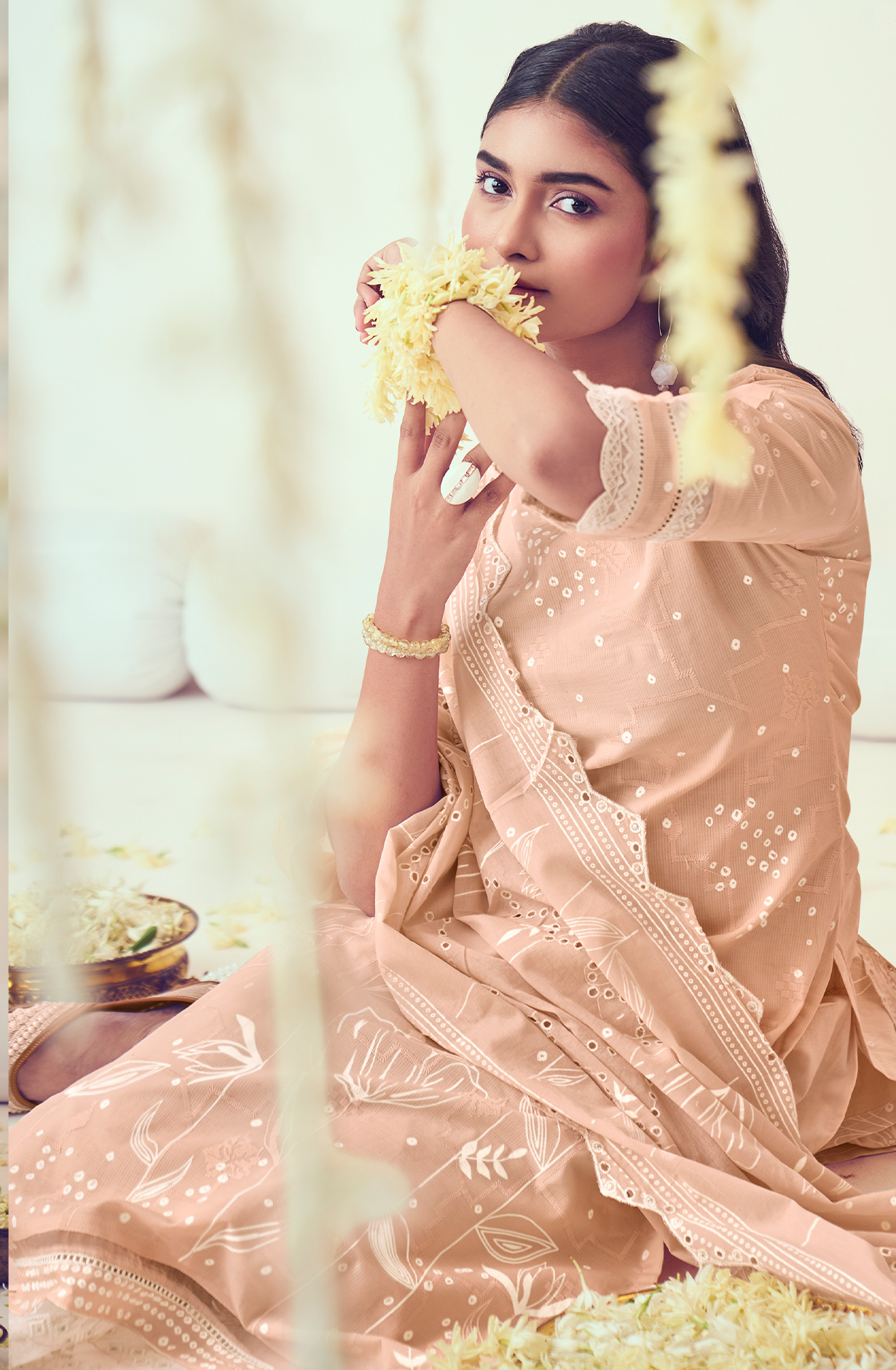 Peach Cotton Block Print Salwar Kameez with Embroidery Work - MOG9042