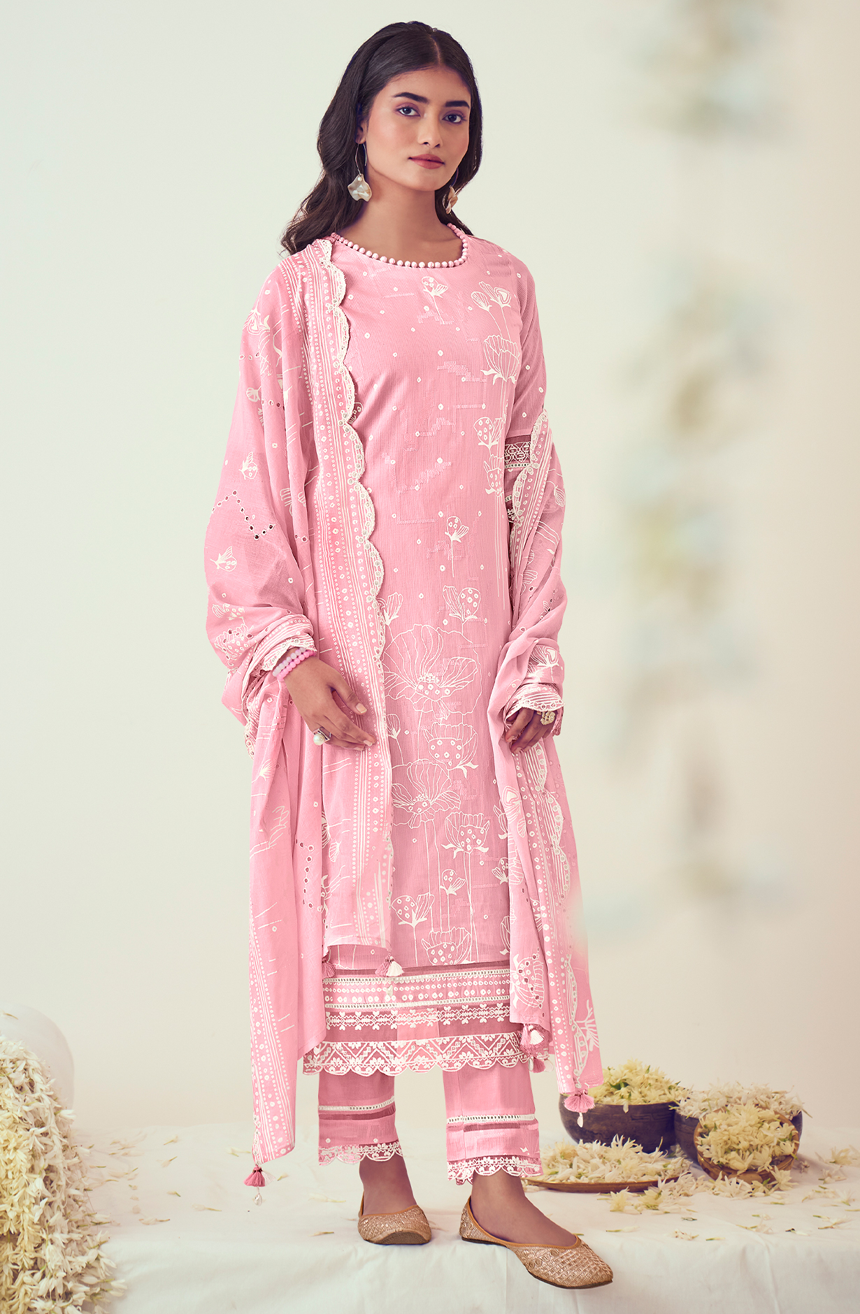 Pink Cotton Block Print Salwar Kameez with Embroidery Work - MOG9043