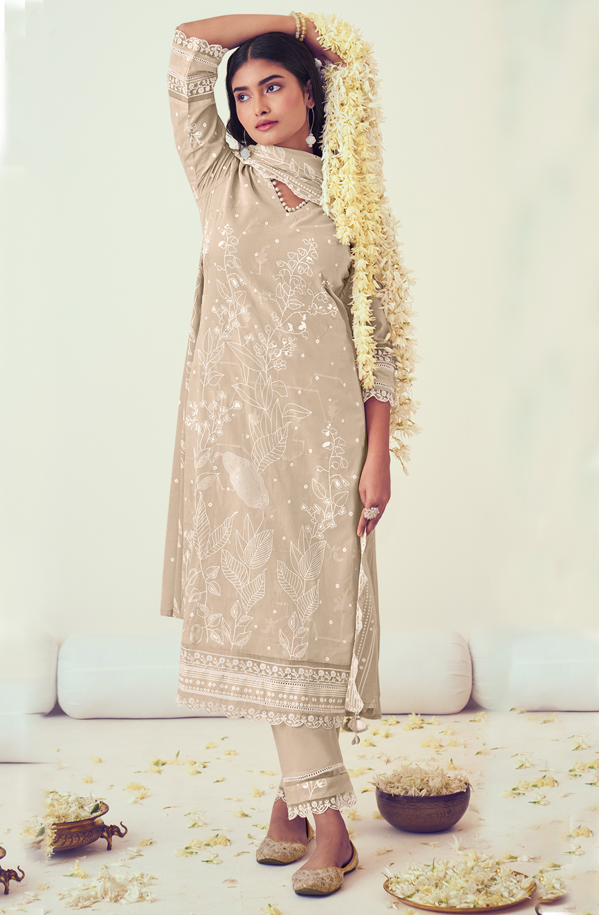 Beige Cotton Block Print Salwar Kameez with Embroidery Work - MOG9044