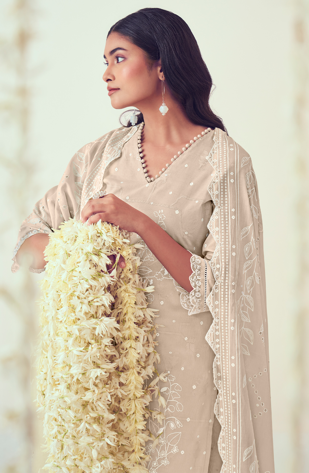 Beige Cotton Block Print Salwar Kameez with Embroidery Work - MOG9044