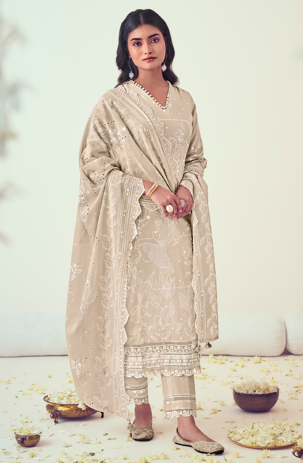 Beige Cotton Block Print Salwar Kameez with Embroidery Work - MOG9044