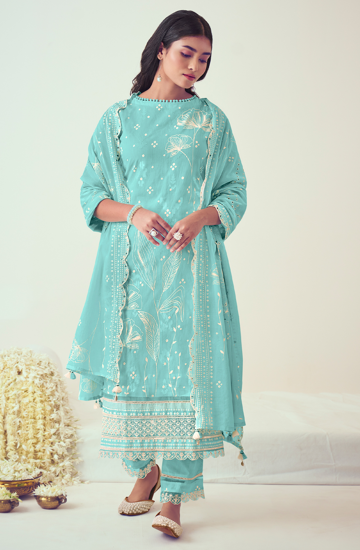 Turquoise Cotton Block Print Salwar Kameez with Embroidery Work - MOG9045