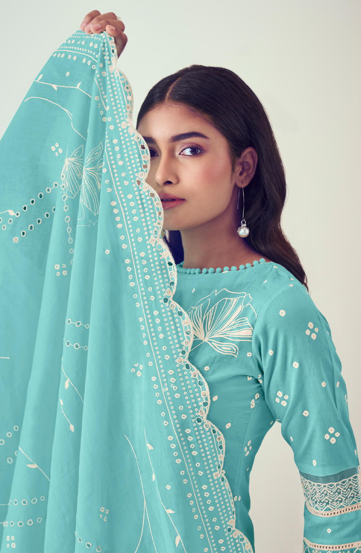 Turquoise Cotton Block Print Salwar Kameez with Embroidery Work - MOG9045