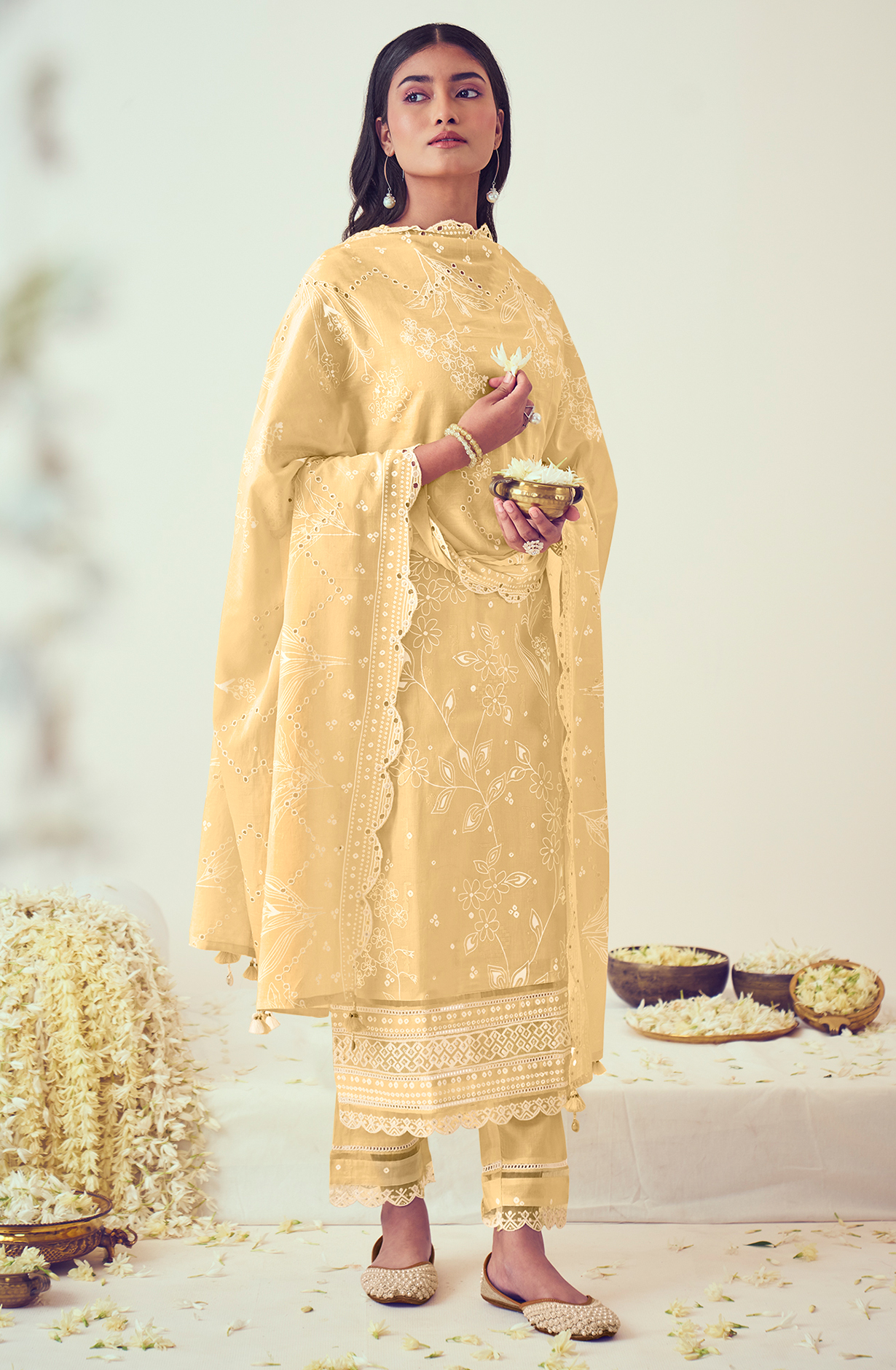 Yellow Cotton Block Print Salwar Kameez with Embroidery Work - MOG9046