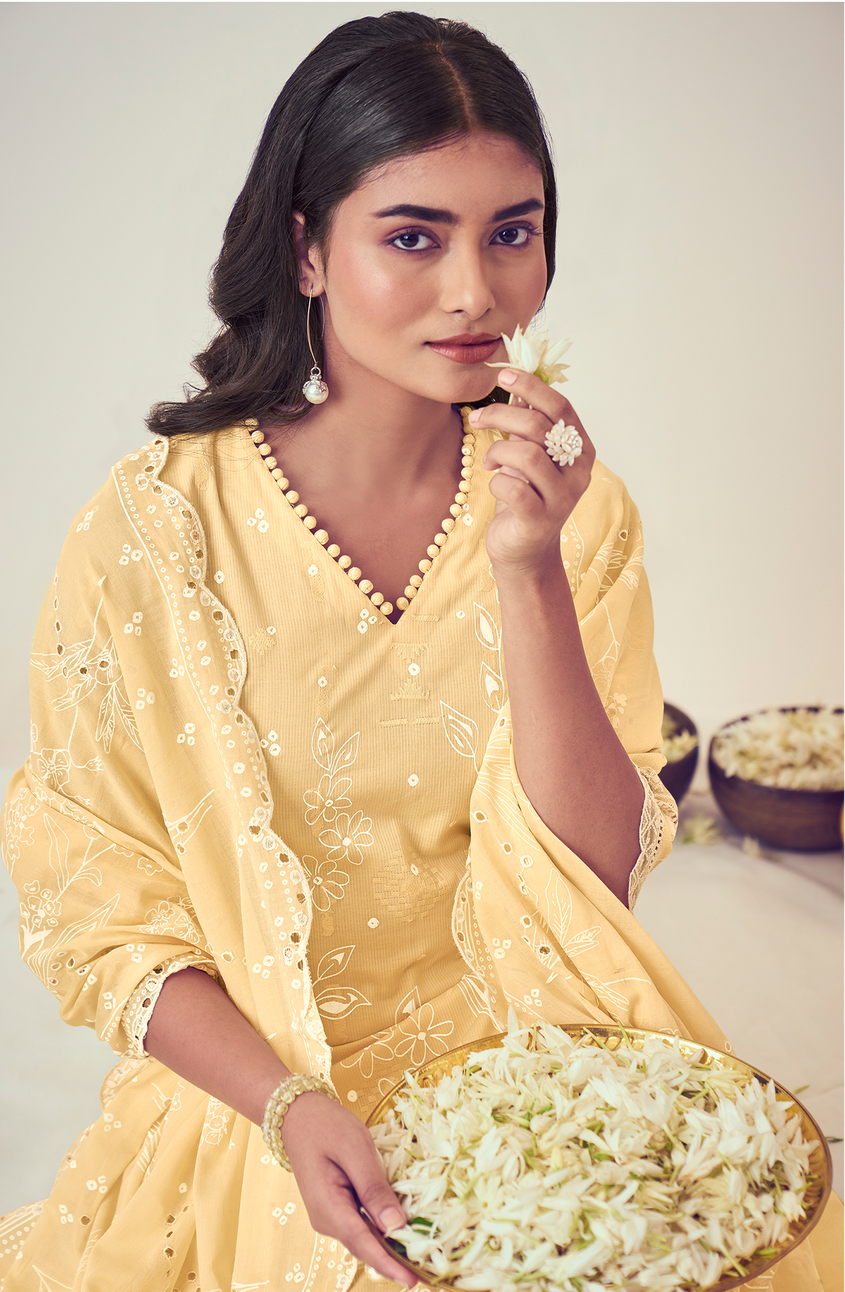 Yellow Cotton Block Print Salwar Kameez with Embroidery Work - MOG9046