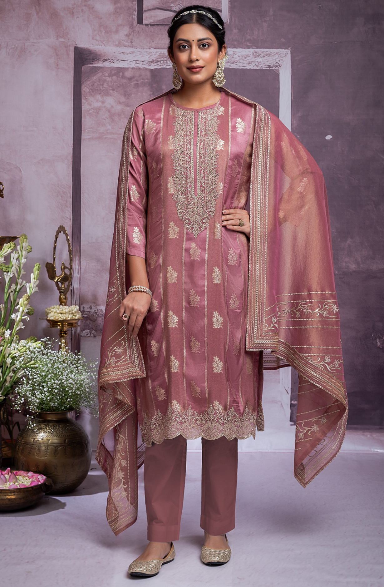 Pink Silk Jacquard Suit Set with Tissue Organza Dupatta- MOH2277A