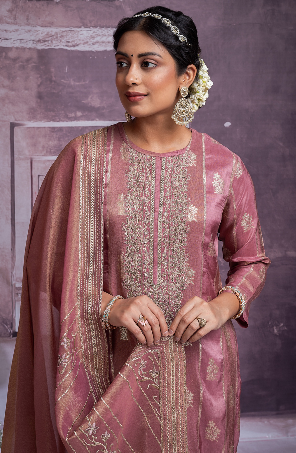 Pink Silk Jacquard Suit Set with Tissue Organza Dupatta- MOH2277A