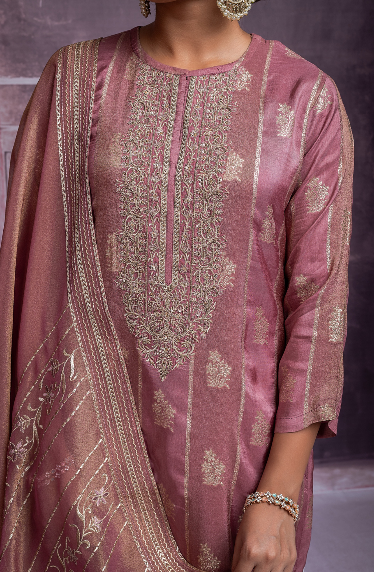 Pink Silk Jacquard Suit Set with Tissue Organza Dupatta- MOH2277A