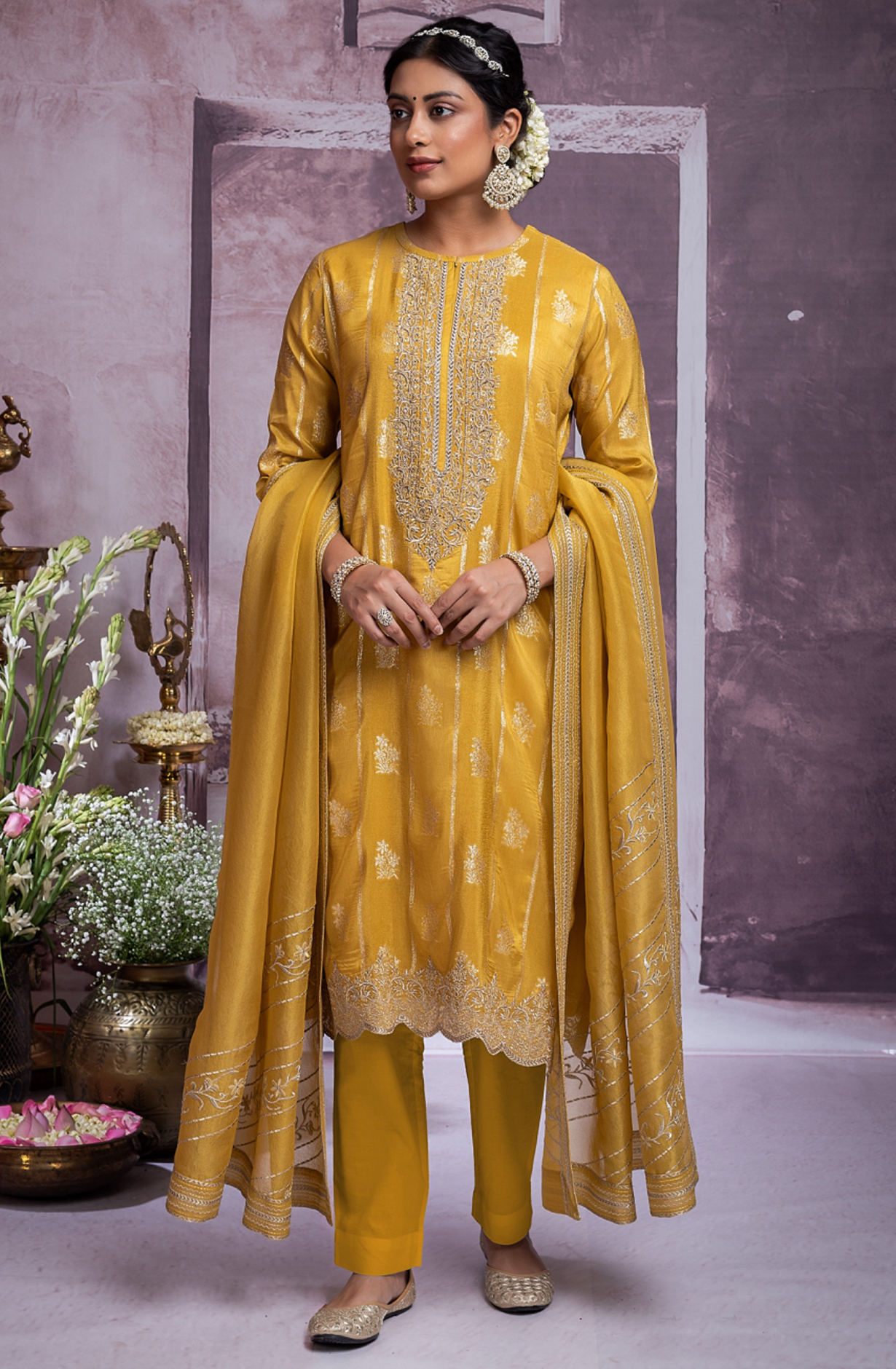 Yellow Silk Jacquard Suit Set with Tissue Organza Dupatta- MOH2277B