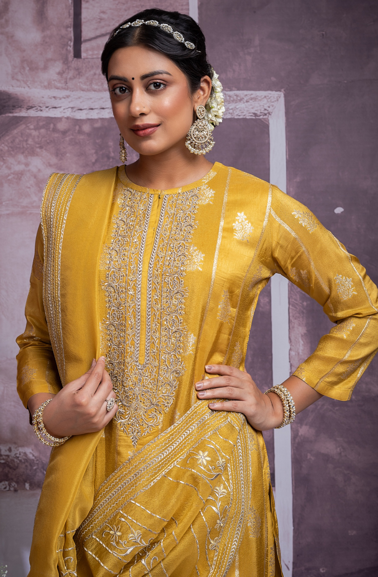 Yellow Silk Jacquard Suit Set with Tissue Organza Dupatta- MOH2277B