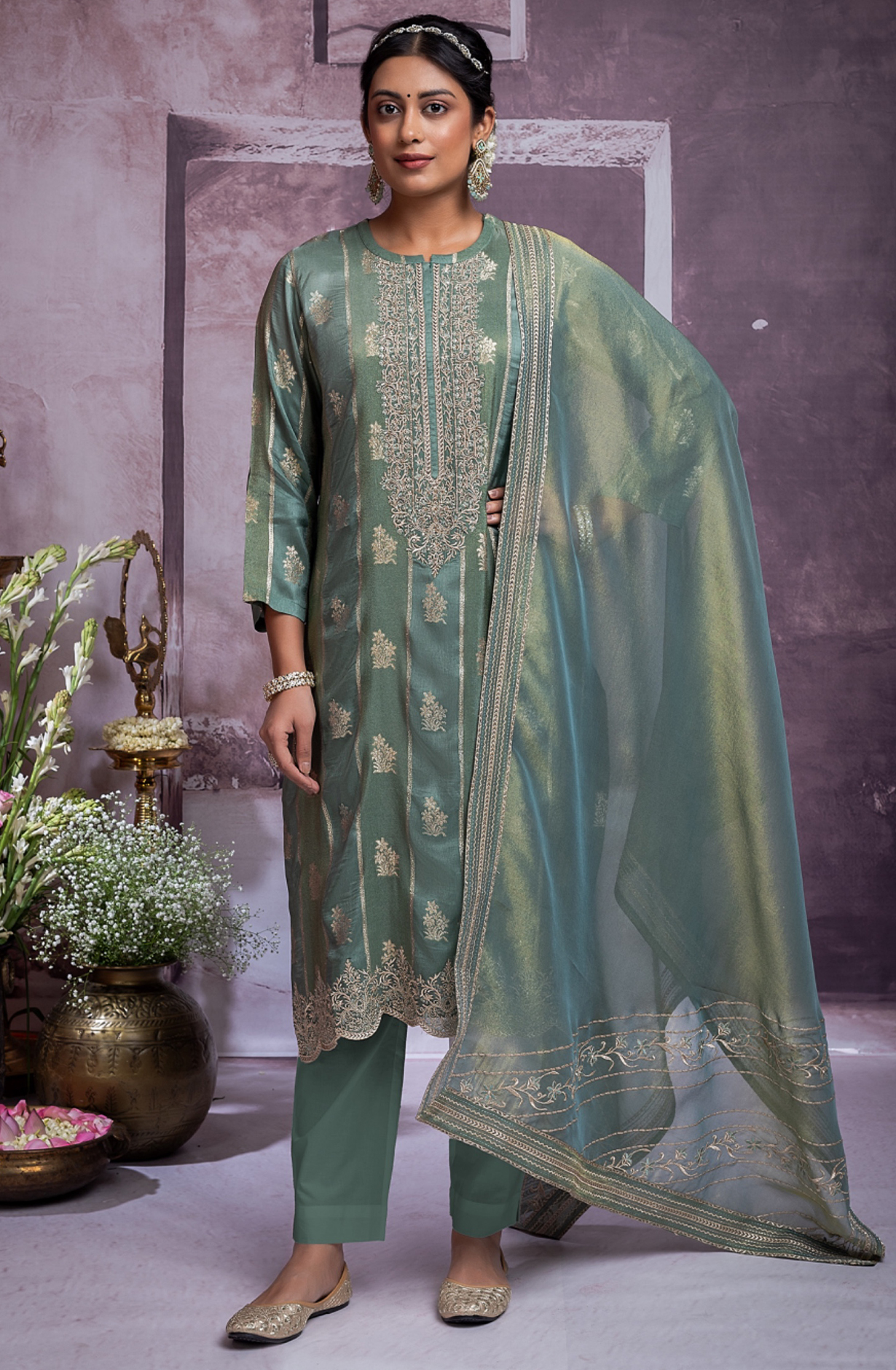 Green Silk Jacquard Suit Set with Tissue Organza Dupatta- MOH2277C