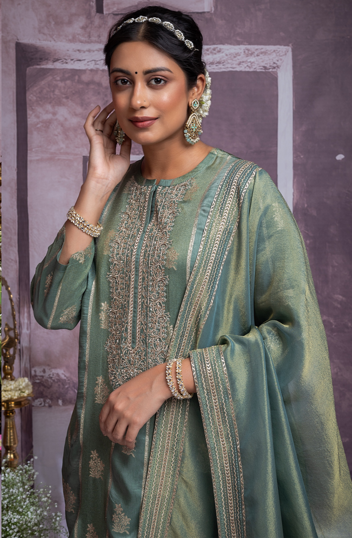 Green Silk Jacquard Suit Set with Tissue Organza Dupatta- MOH2277C
