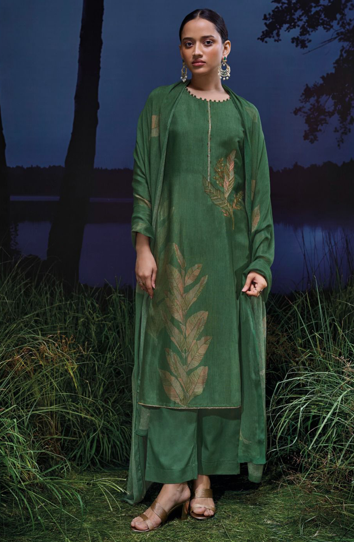 Printed Russian Silk with Embroidery and Zari Lace - MOJS3019A