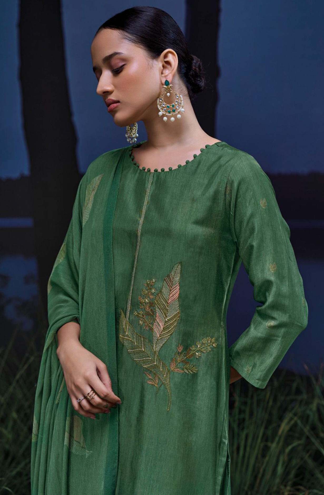 Printed Russian Silk with Embroidery and Zari Lace - MOJS3019A