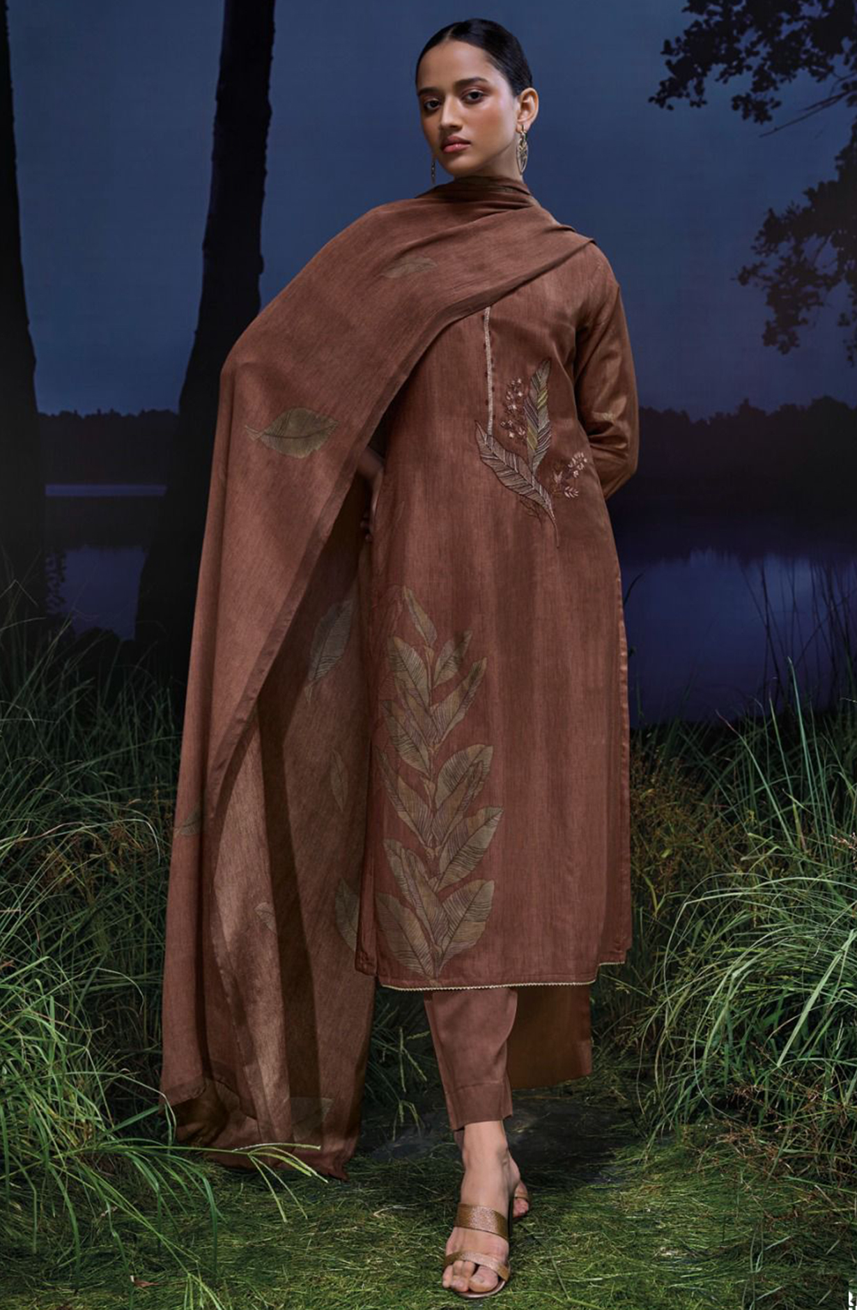 Printed Russian Silk with Embroidery and Zari Lace - MOJS3019B