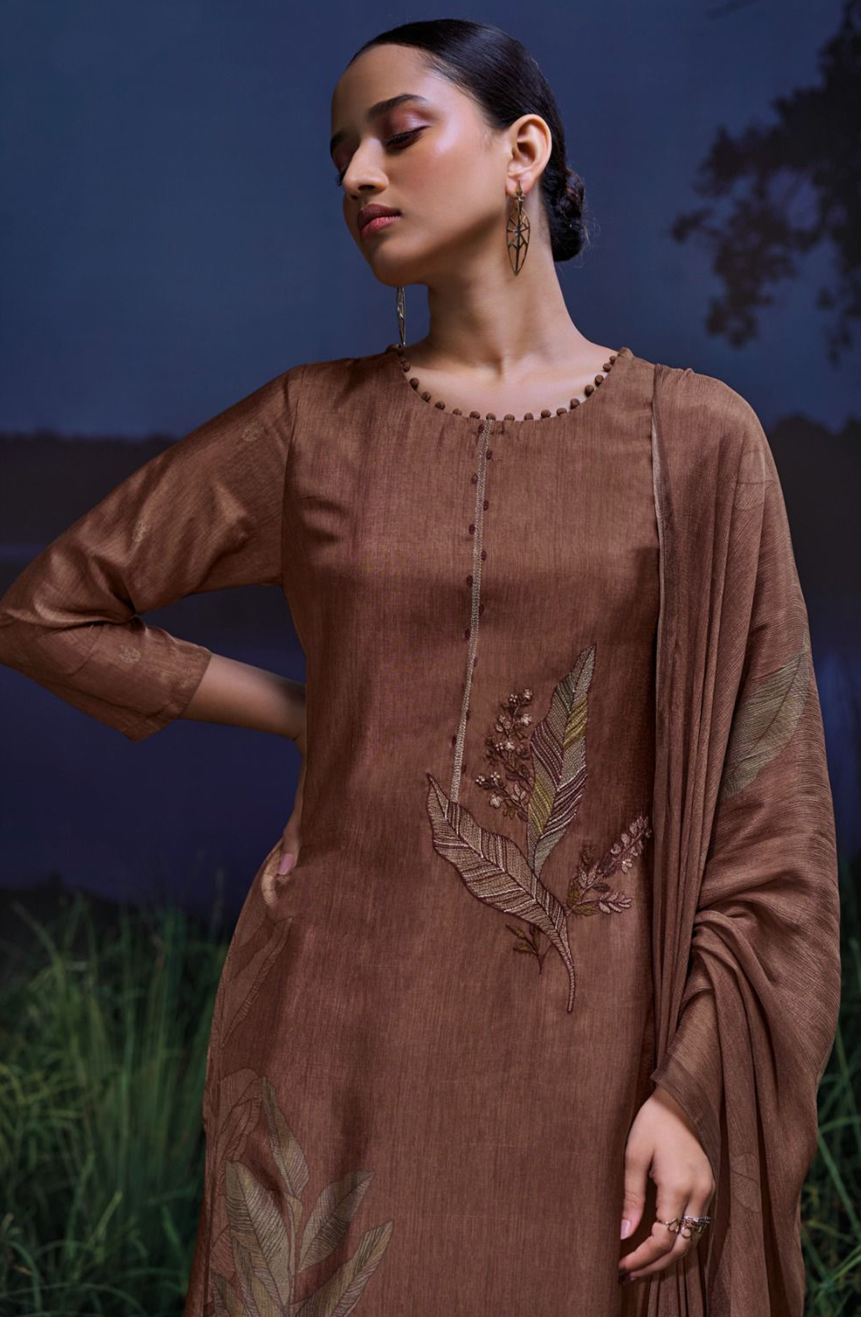 Printed Russian Silk with Embroidery and Zari Lace - MOJS3019B