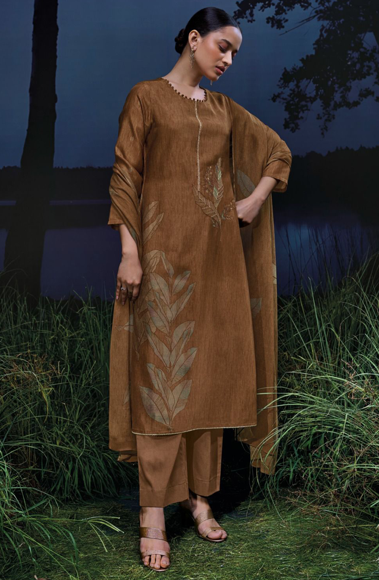 Printed Russian Silk with Embroidery and Zari Lace - MOJS3019C