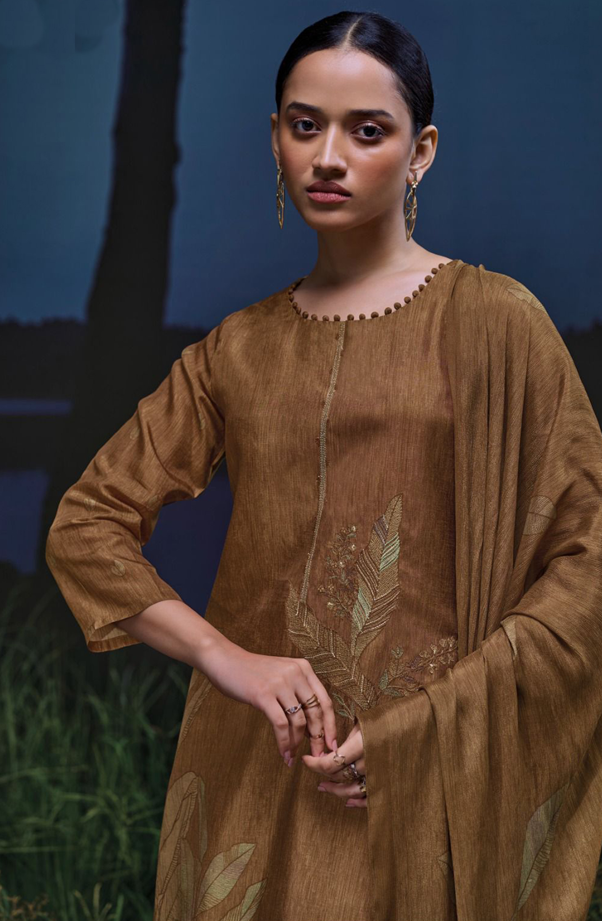 Printed Russian Silk with Embroidery and Zari Lace - MOJS3019C