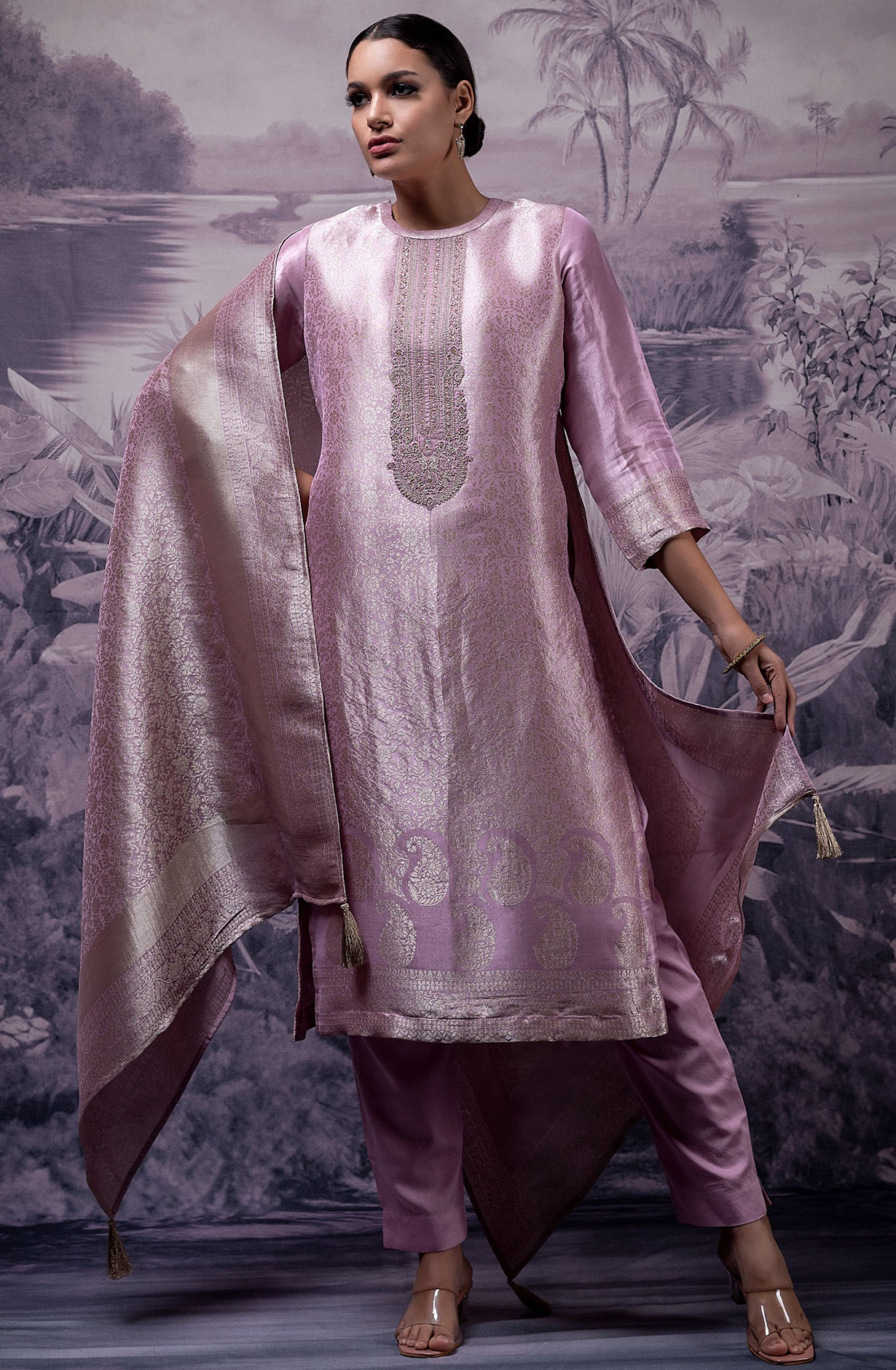 Baby Pink Luxe Silk Jacquard Salwar Kameez with Dupatta - MOK2122B