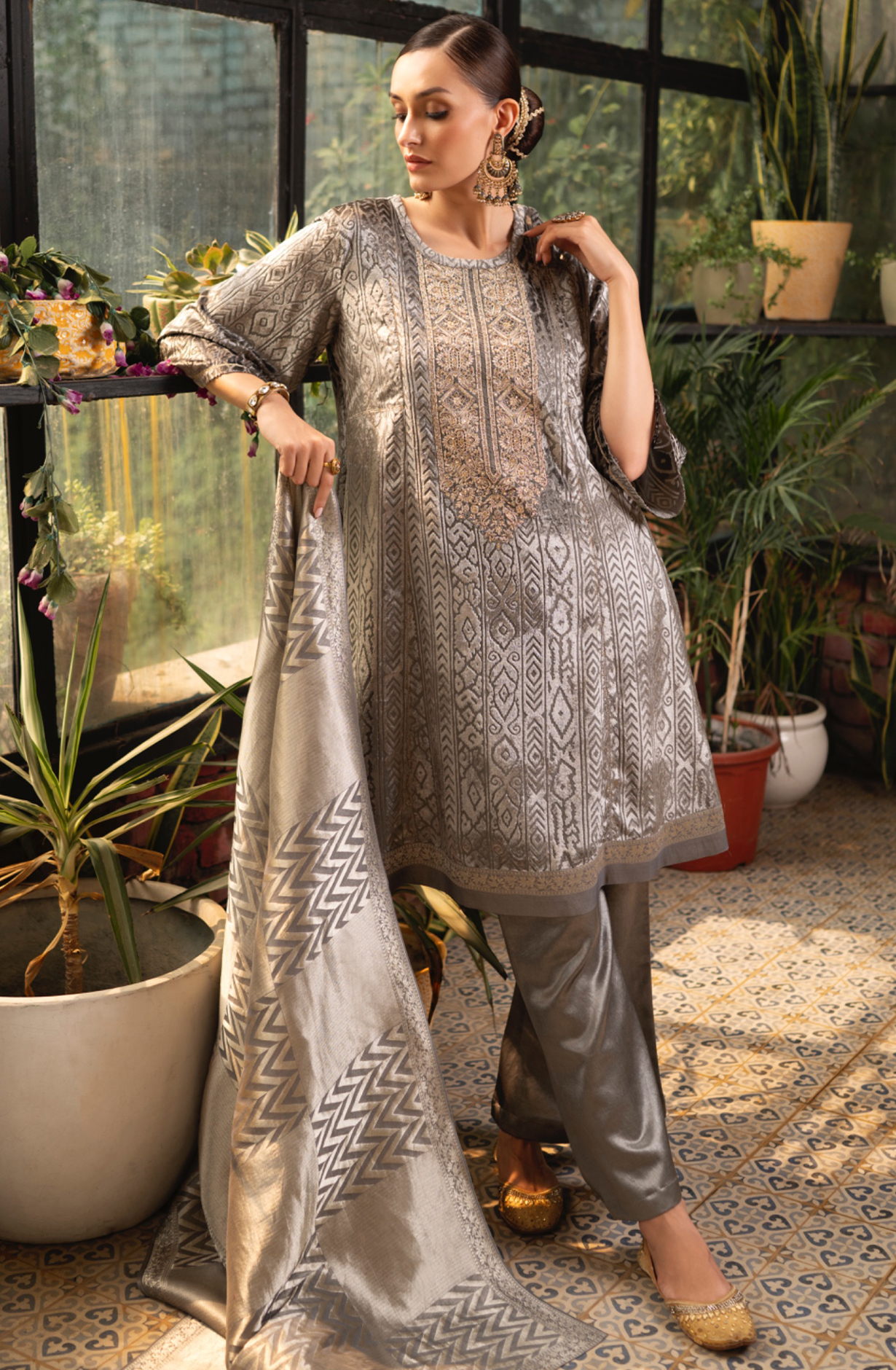 Grey Velvet Embroidery and Handwork Suit - Set with Pure Silk Jacquard Dupatta - MOR2285A