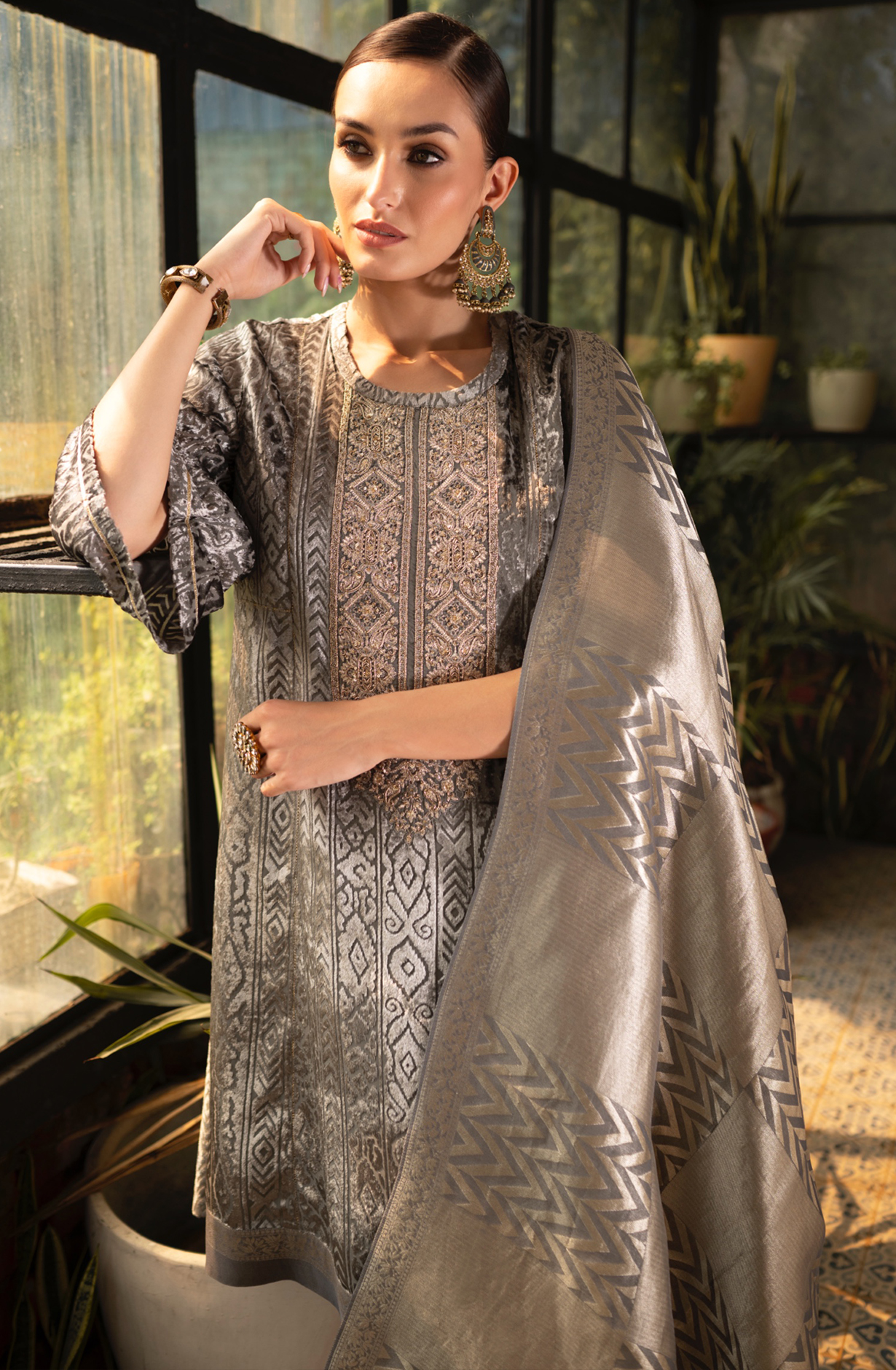 Grey Velvet Embroidery and Handwork Suit - Set with Pure Silk Jacquard Dupatta - MOR2285A